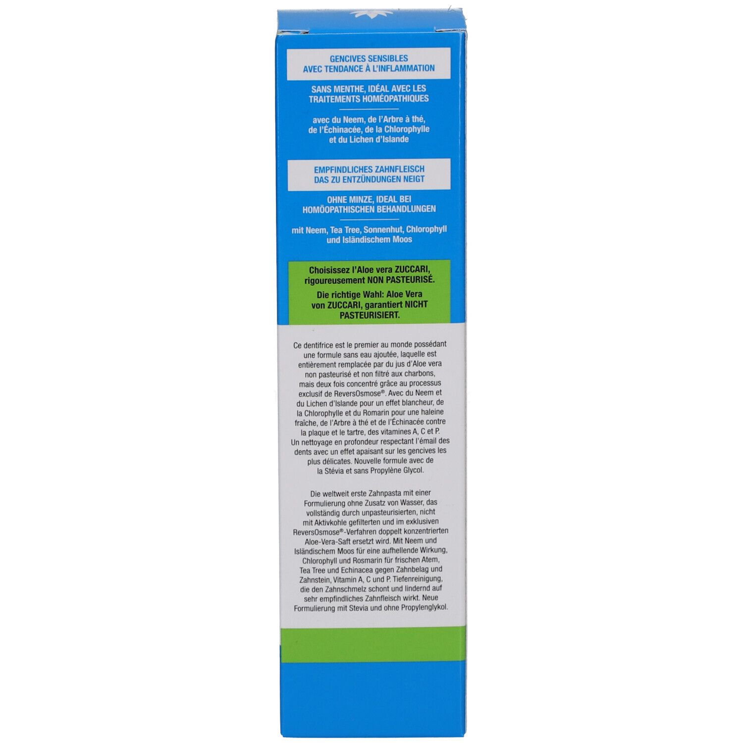 Zijkant van de doos. Tekst: informatie over de tandpasta. Merk ZUCCARI. Opschrift: 'Aloe vera'.