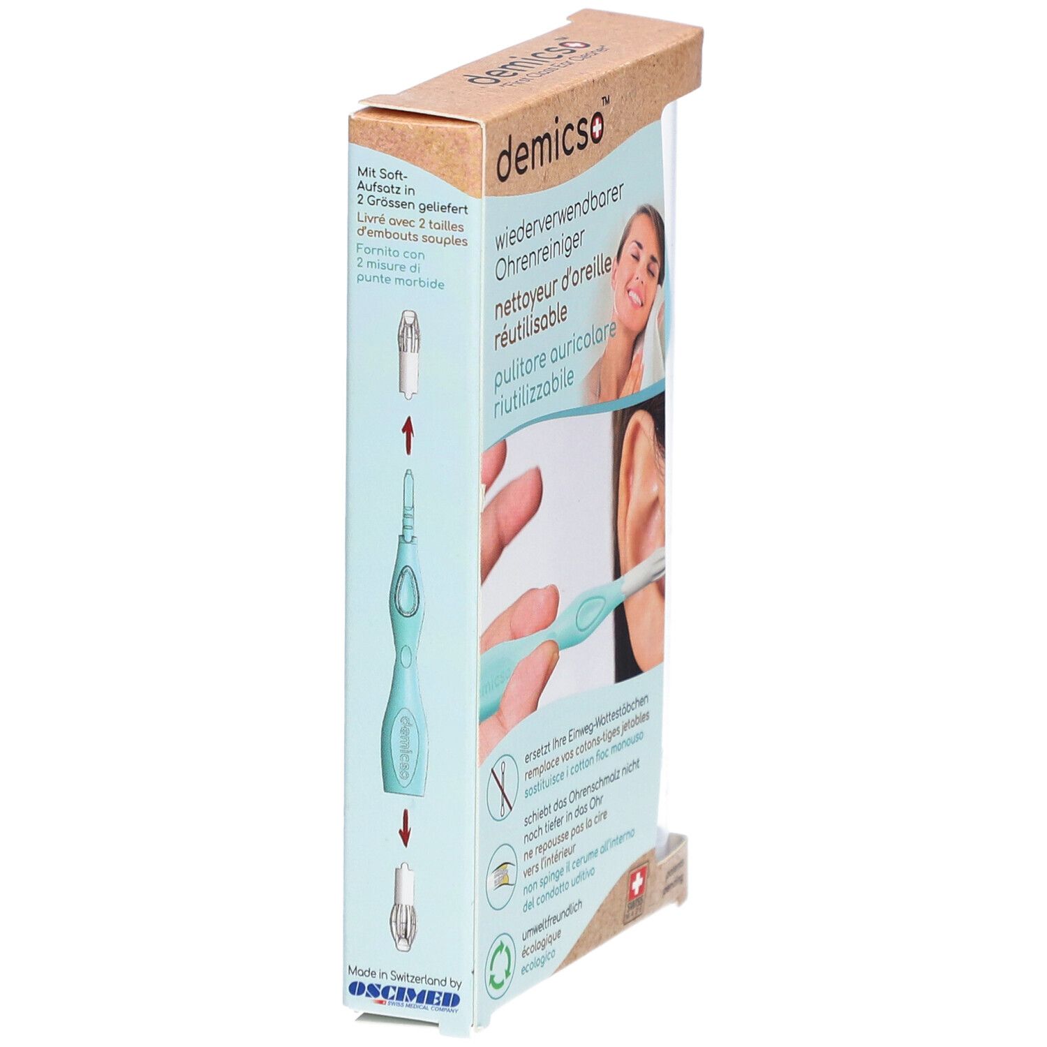 Verpakking met oorreiniger. Lichtblauwe handgreep, witte kop. Productnaam en logo zichtbaar. Zijaanzicht met productillustratie.