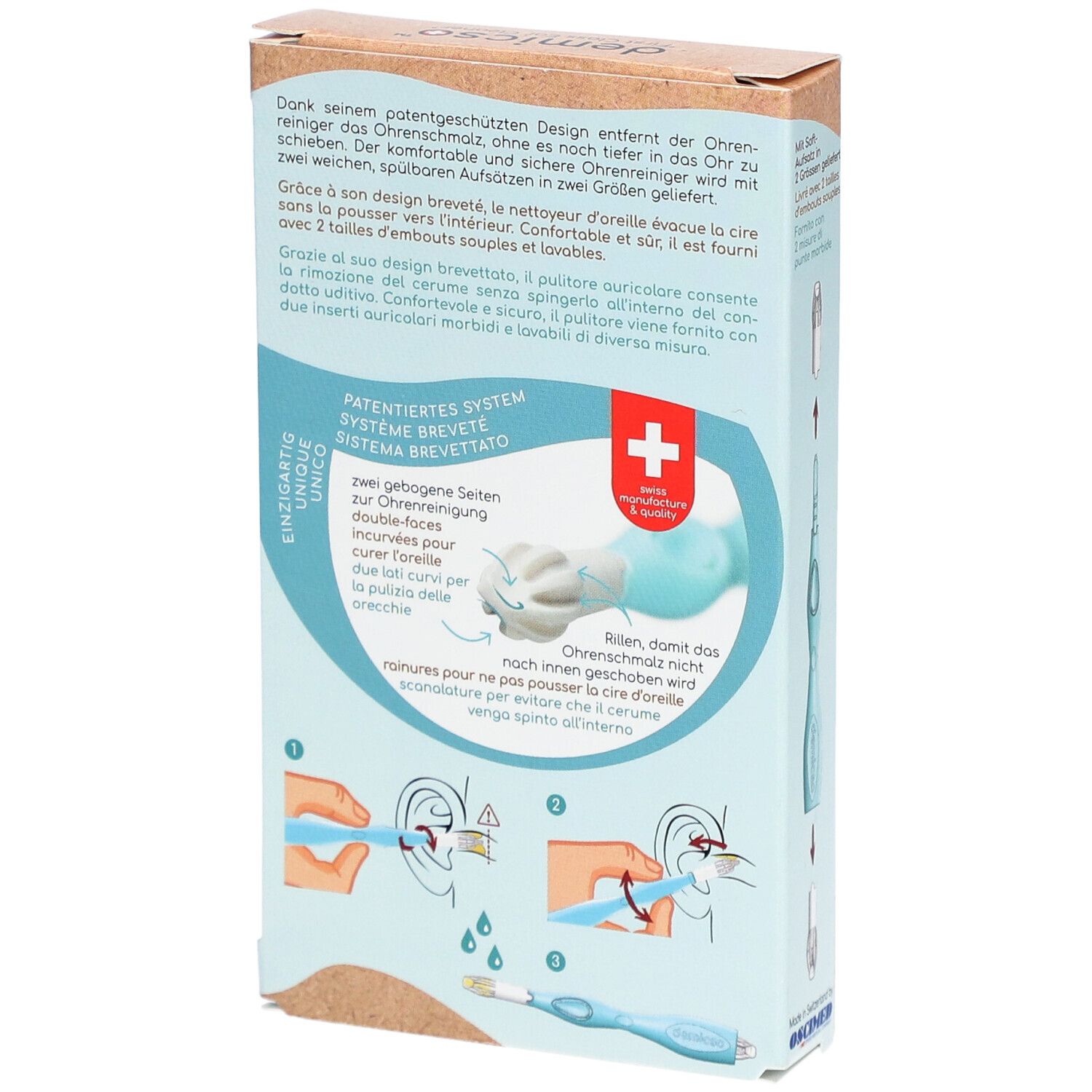Achterkant van de verpakking. Tekst en illustraties over de oorreiniger. Productnaam en logo zichtbaar. Zwitsers kruis.