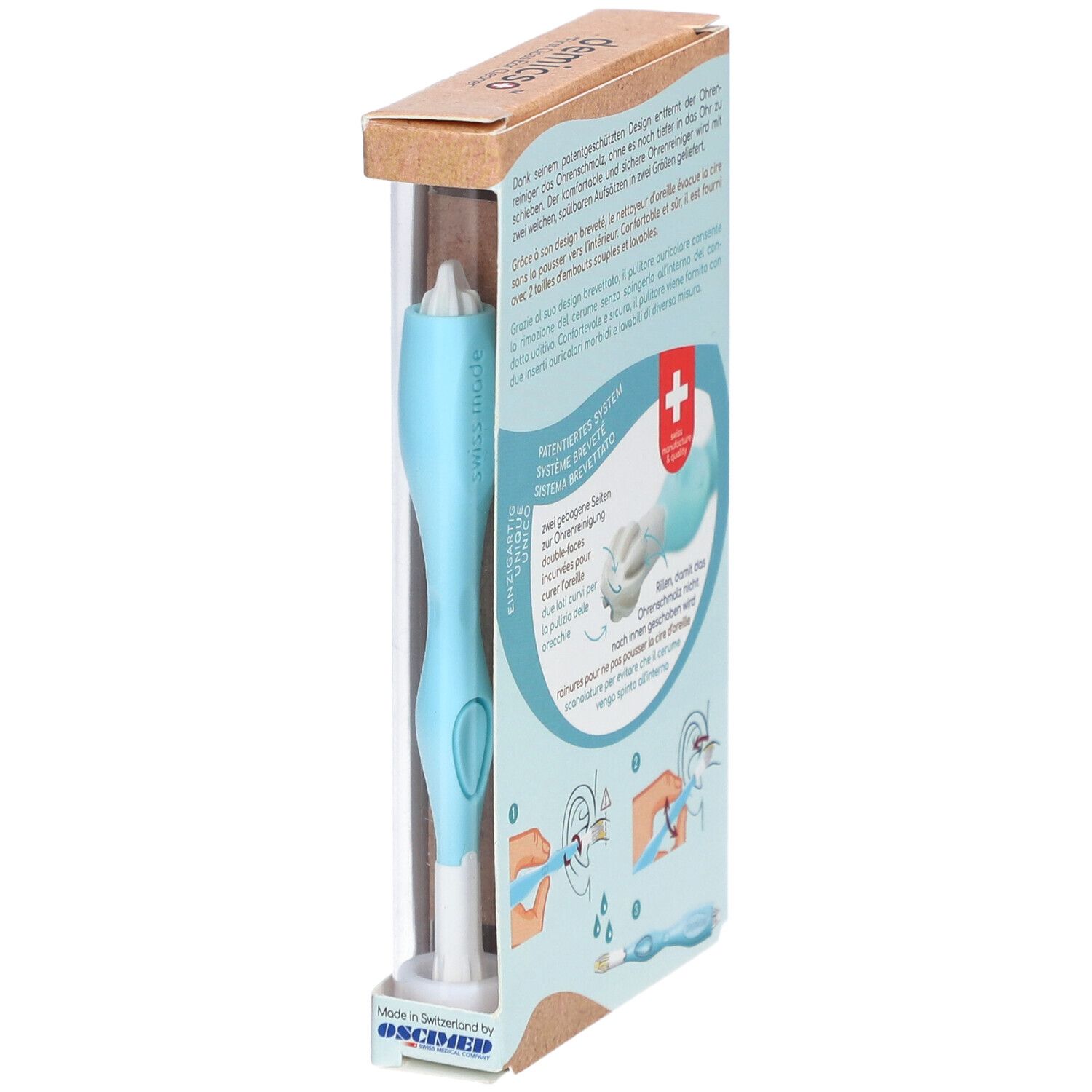 Verpakking met oorreiniger. Lichtblauwe handgreep, witte kop. Productnaam en logo zichtbaar. Zijaanzicht met productillustratie.