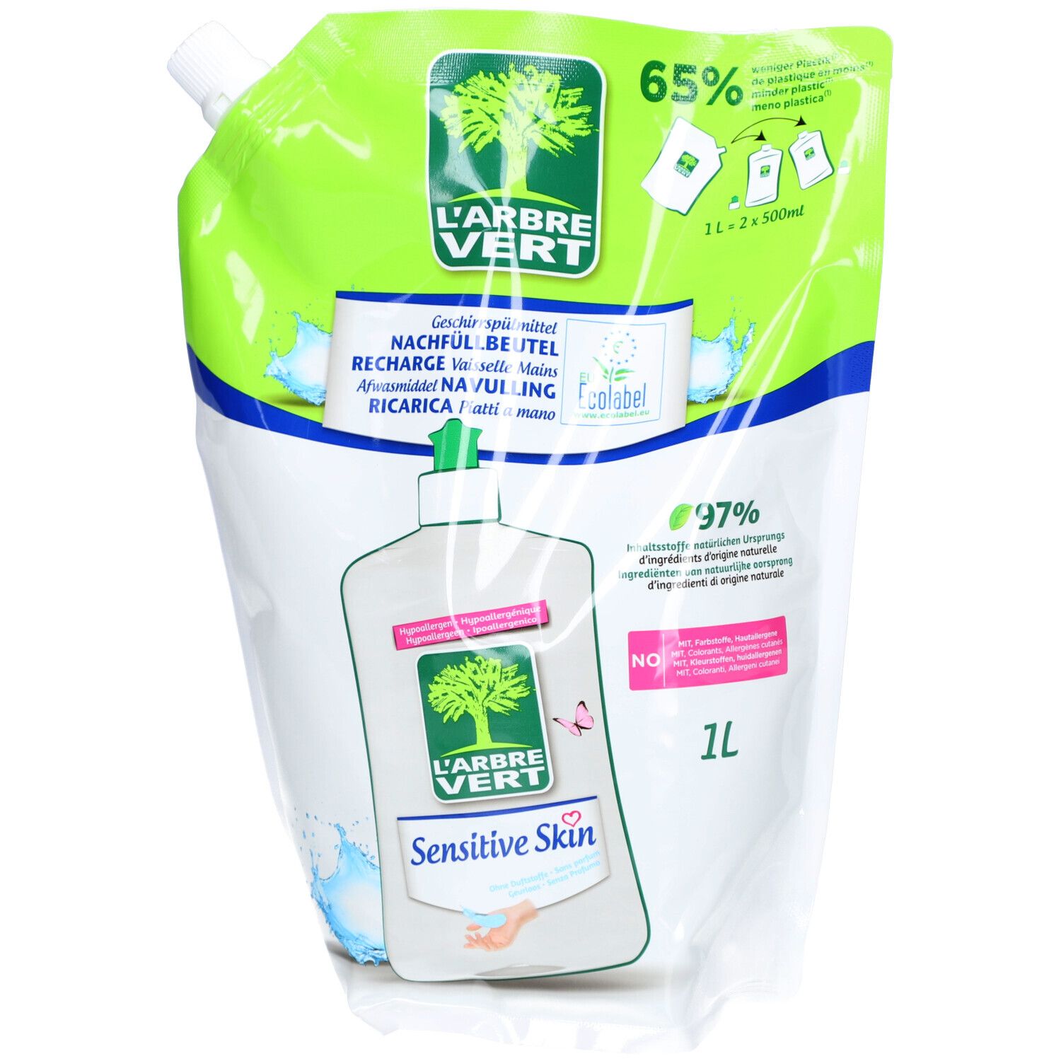 Navulverpakking L'ARBRE VERT voor gevoelige huid. Groene en witte verpakking. 1 liter. Ecolabel.
