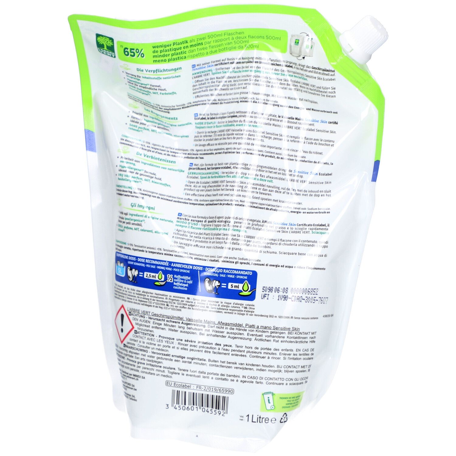 Achterkant van de navulverpakking L'ARBRE VERT. Meertalige tekst. 1 liter. Recycling informatie.