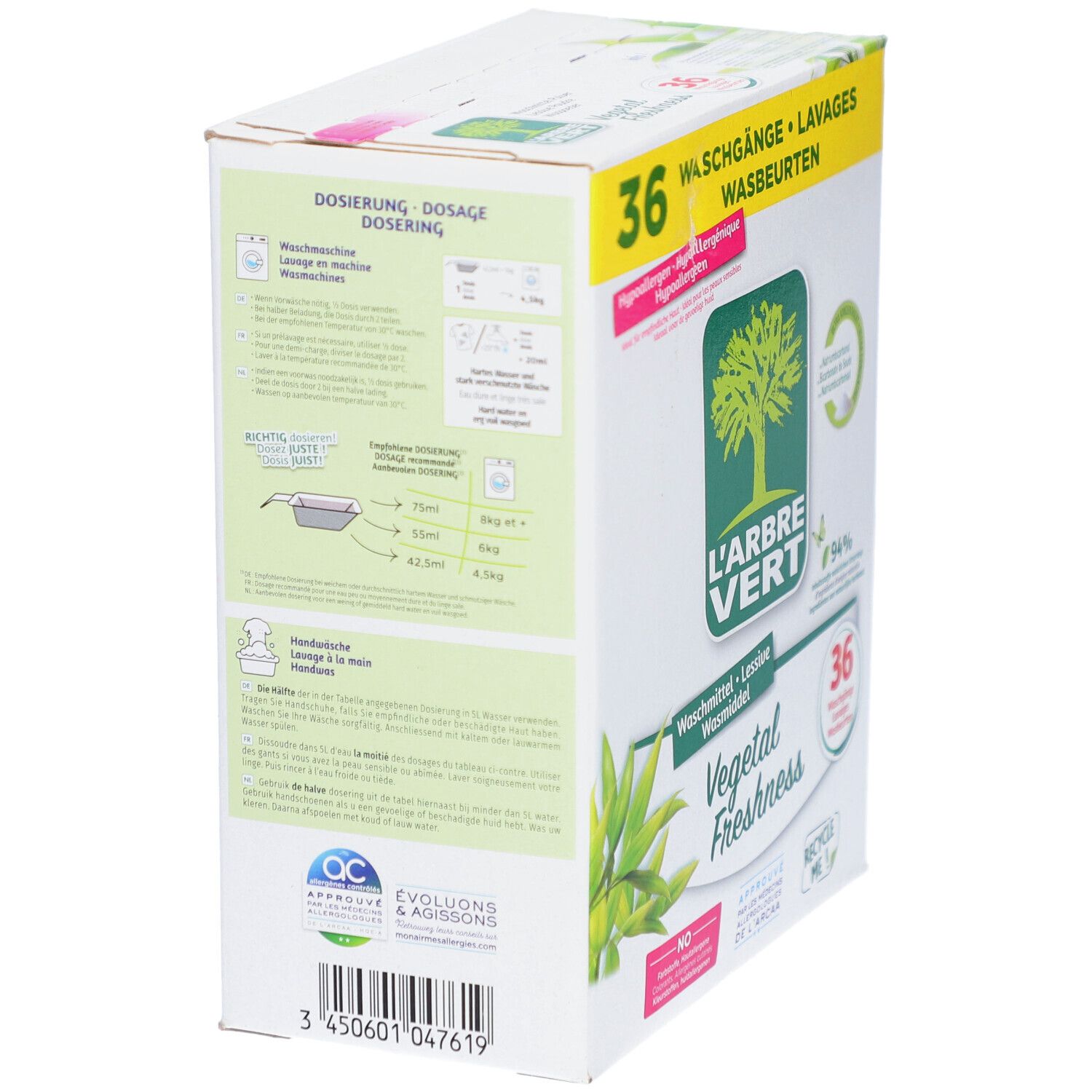 Doos L'ARBRE VERT. Zijaanzicht met doseerinstructies en logo. 36 wasbeurten.