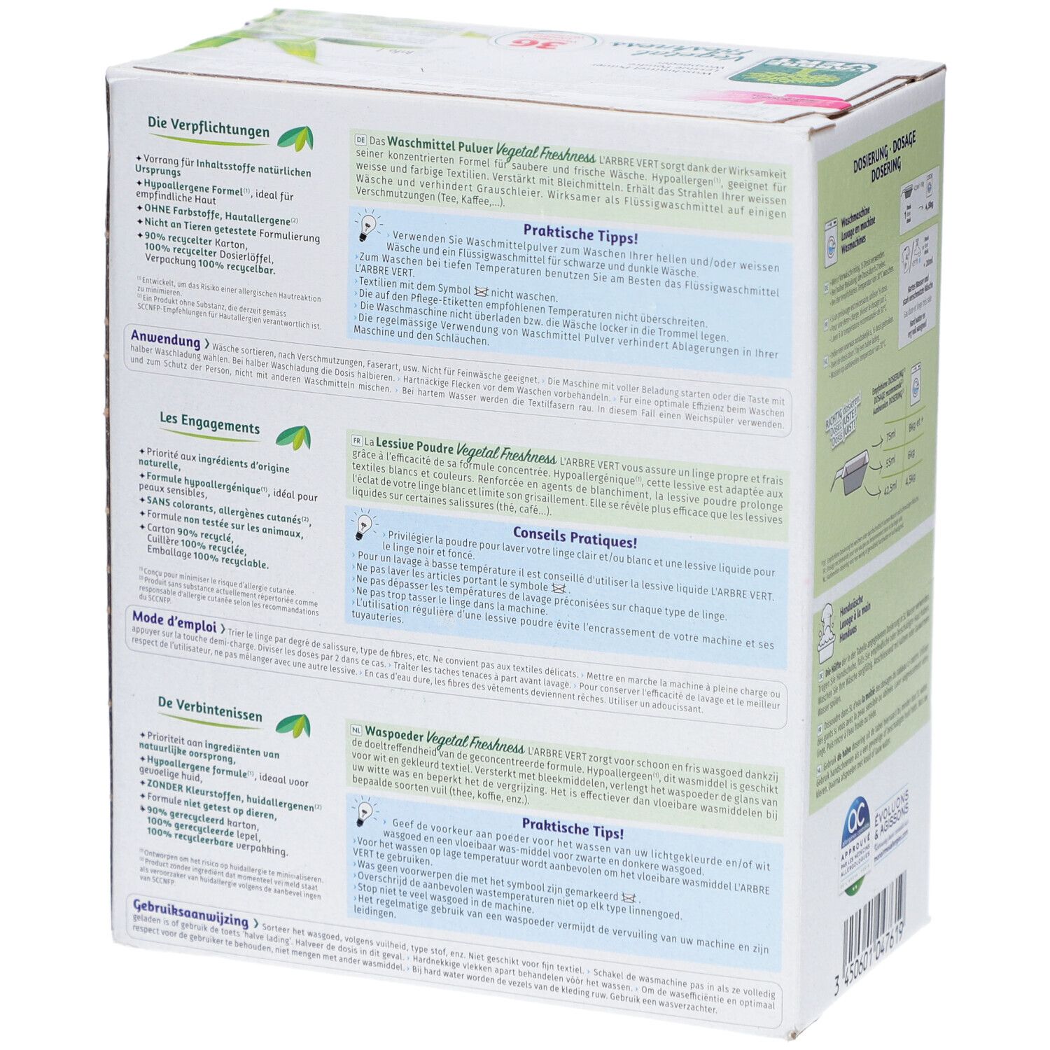 Achterkant van de L'ARBRE VERT wasmiddelverpakking. Meertalige tekst. Productinformatie.