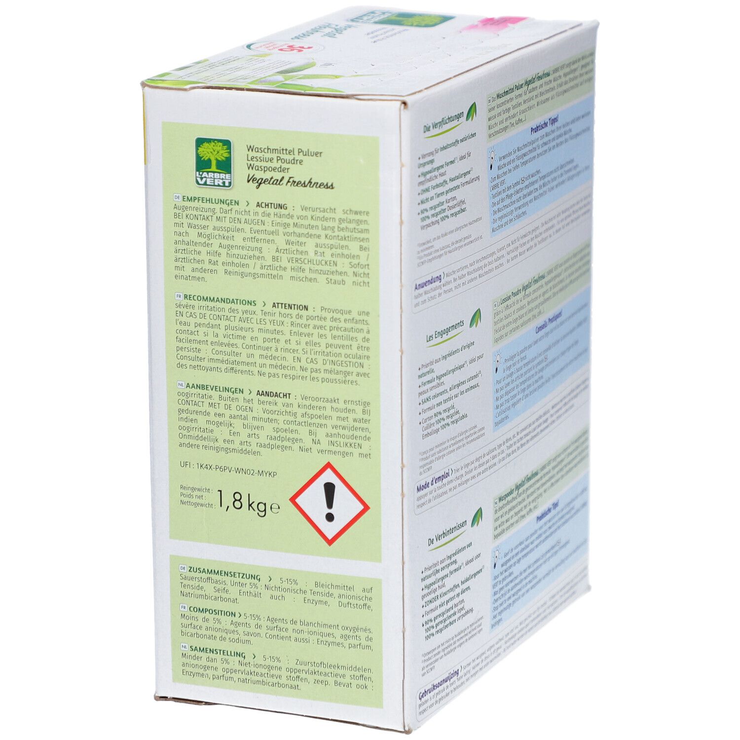 Zijkant van de L'ARBRE VERT wasmiddelverpakking. Waarschuwing en gewichtsindicatie: 1,8 kg.