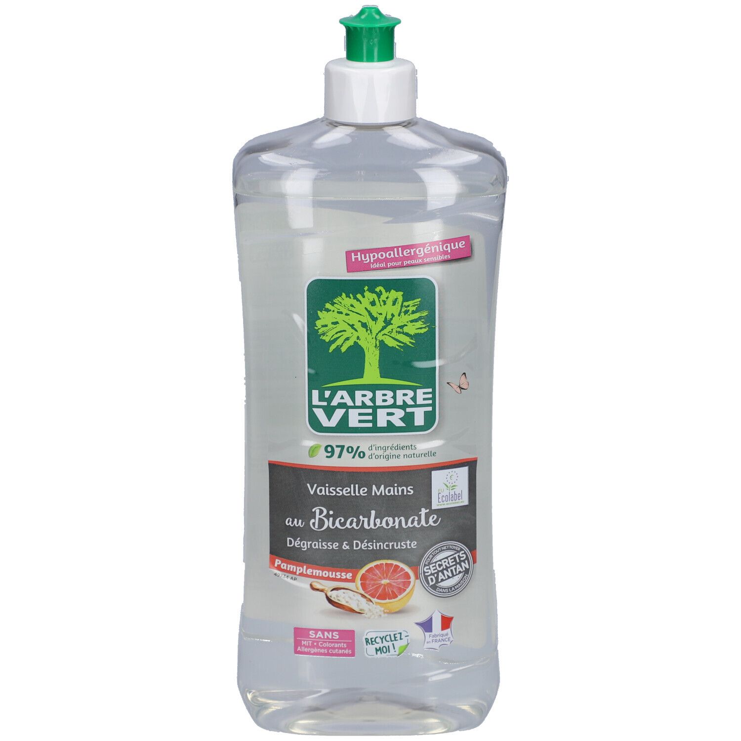 Flacon transparent avec bouchon vert. Étiquette avec logo, texte et pamplemousse. "L'ARBRE VERT" et "Bicarbonate".
