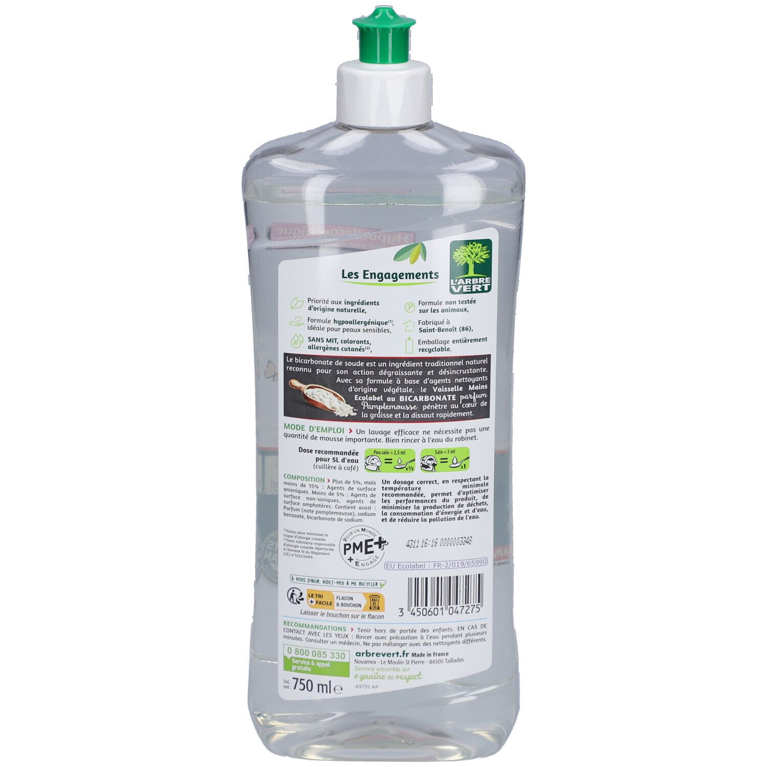 Dos d'une bouteille transparente. Étiquette avec texte et logo. "L'ARBRE VERT" et informations sur les ingrédients et le recyclage.