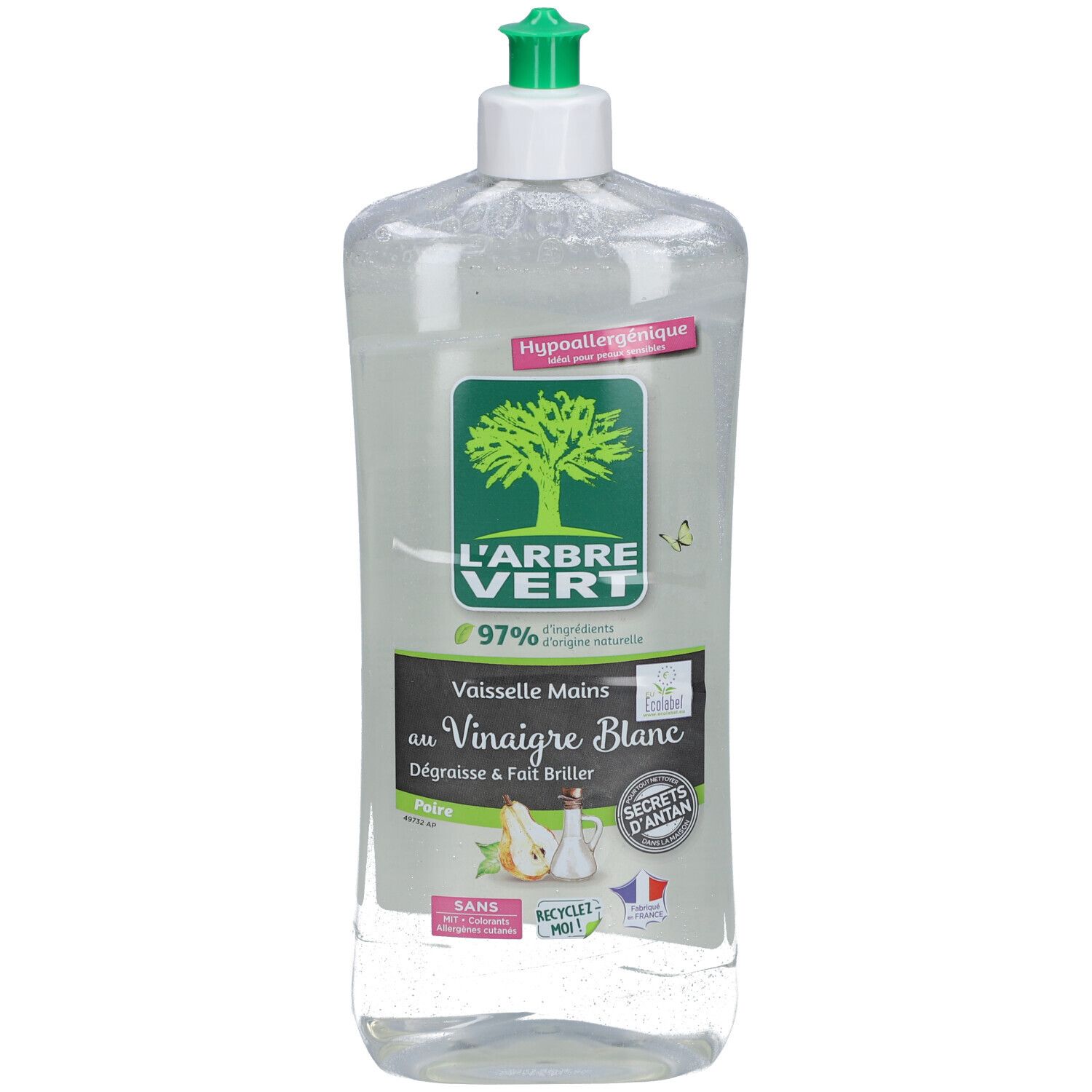 Flacon transparent L'ARBRE VERT. Bouchon vert. Étiquette avec logo, texte et illustration de poire. Contient du vinaigre blanc.
