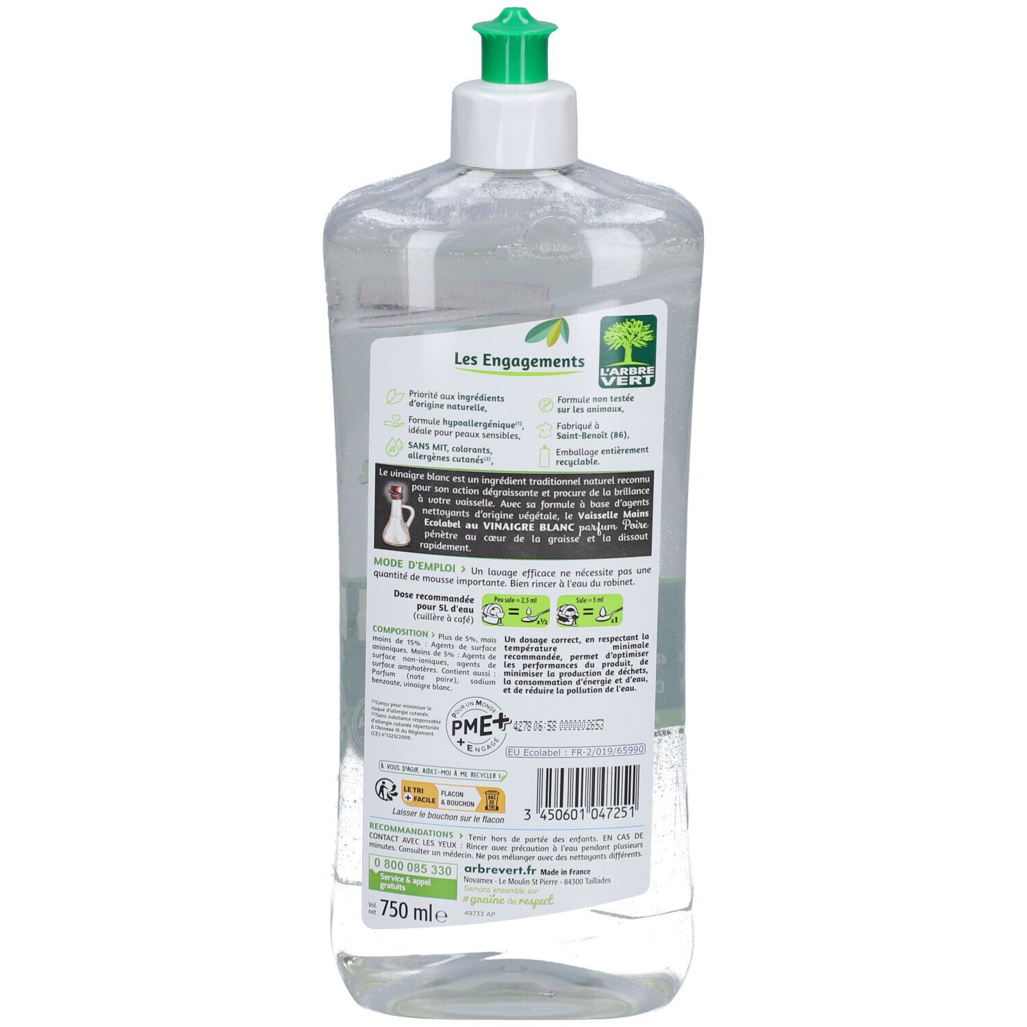 Dos du flacon L'ARBRE VERT. Texte sur les ingrédients et l'utilisation. Logo vert. Contient 750 ml.