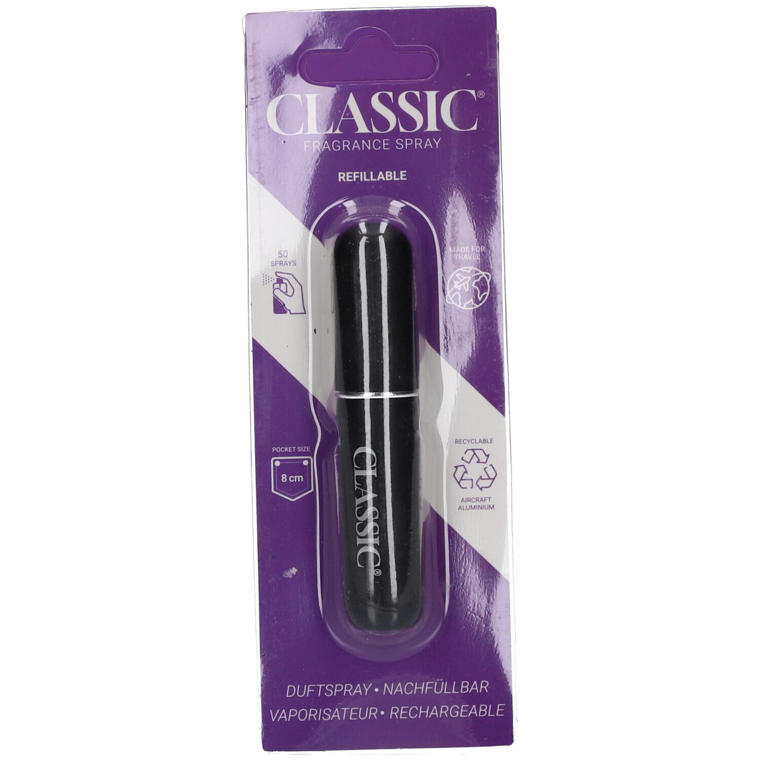 Vaporisateur rechargeable noir dans son emballage. Marqué "CLASSIC" et "REFILLABLE". Taille: 8 cm.