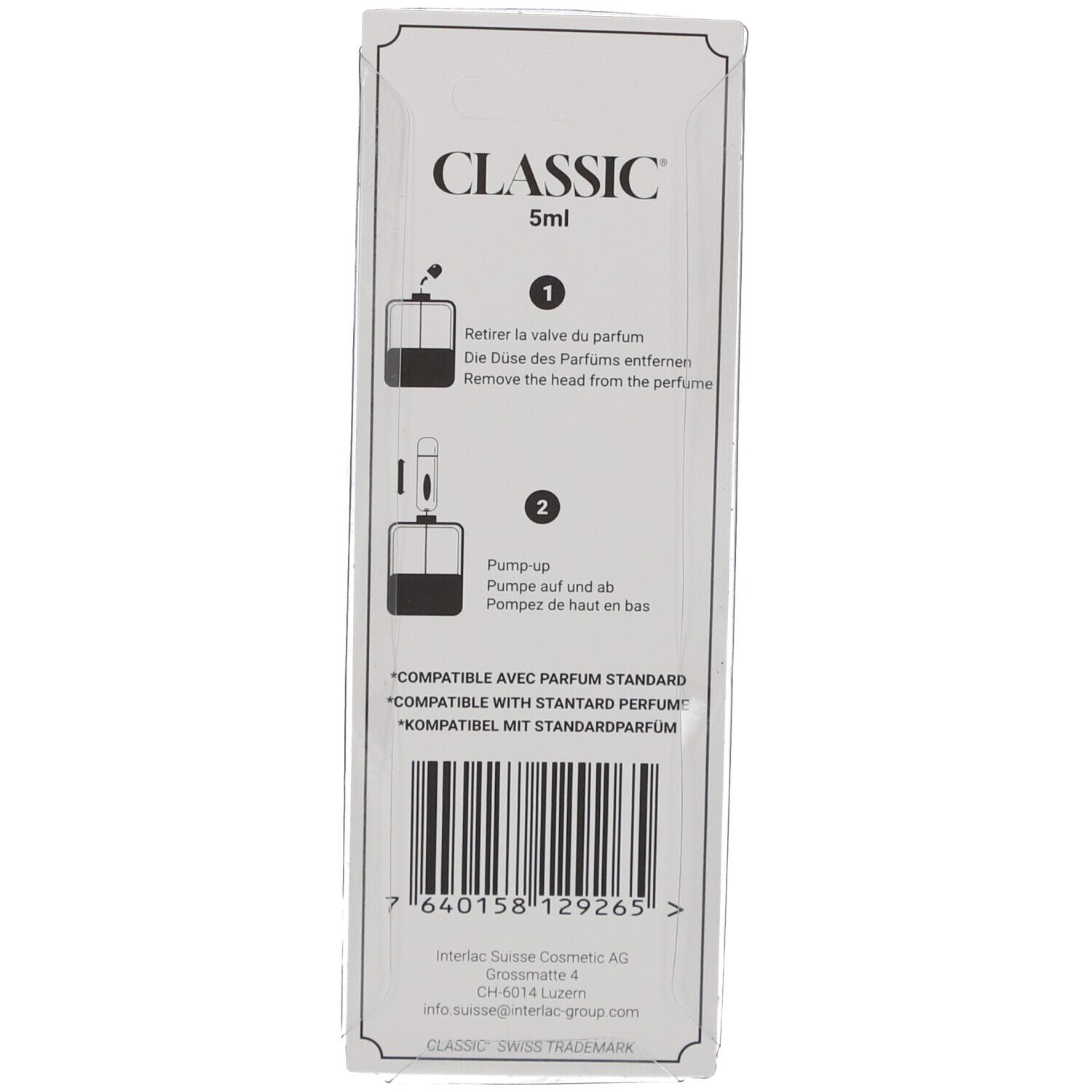 Emballage avec "CLASSIC" et 5ml. Instructions de remplissage. Texte: "COMPATIBLE AVEC PARFUM STANDARD".