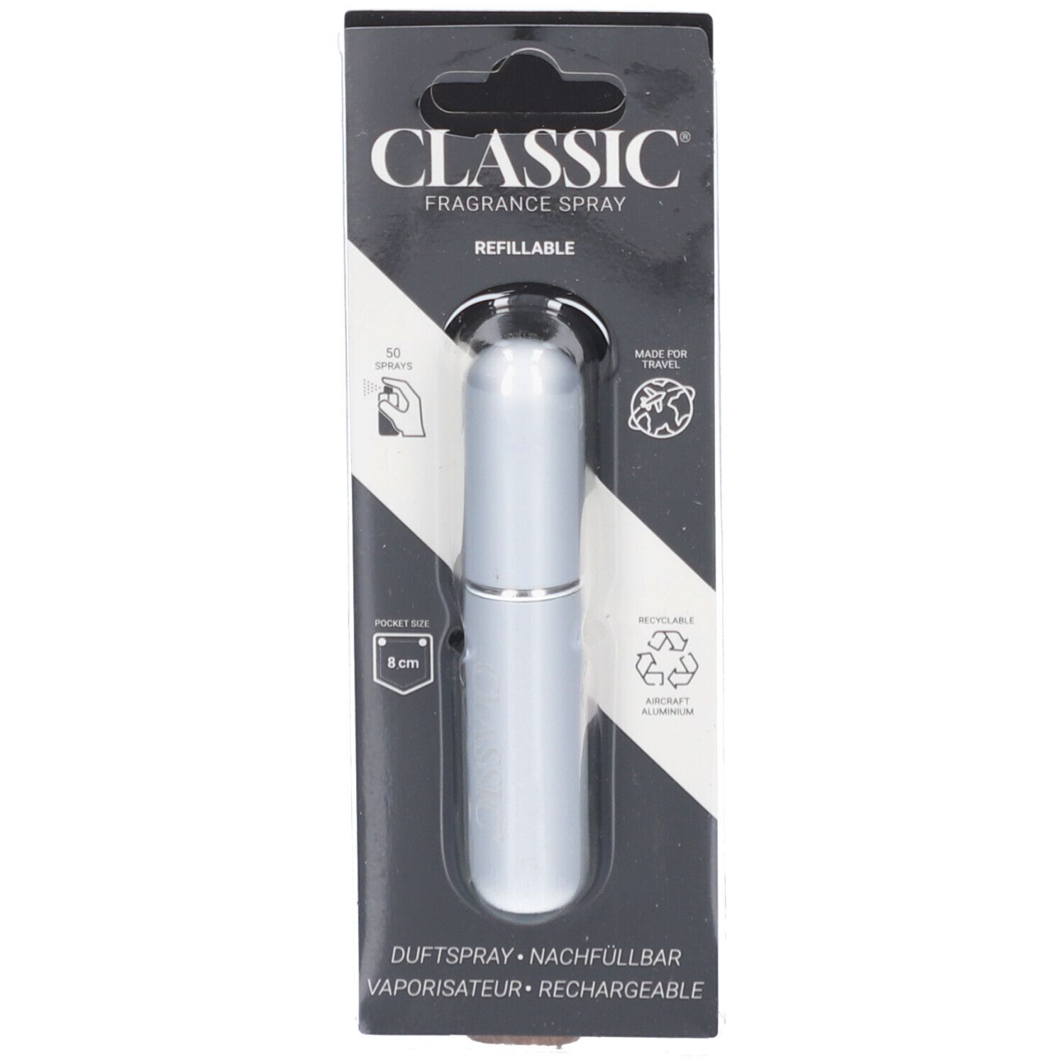 Vaporisateur rechargeable argenté dans un emballage noir. Nom du produit et pictogrammes visibles.