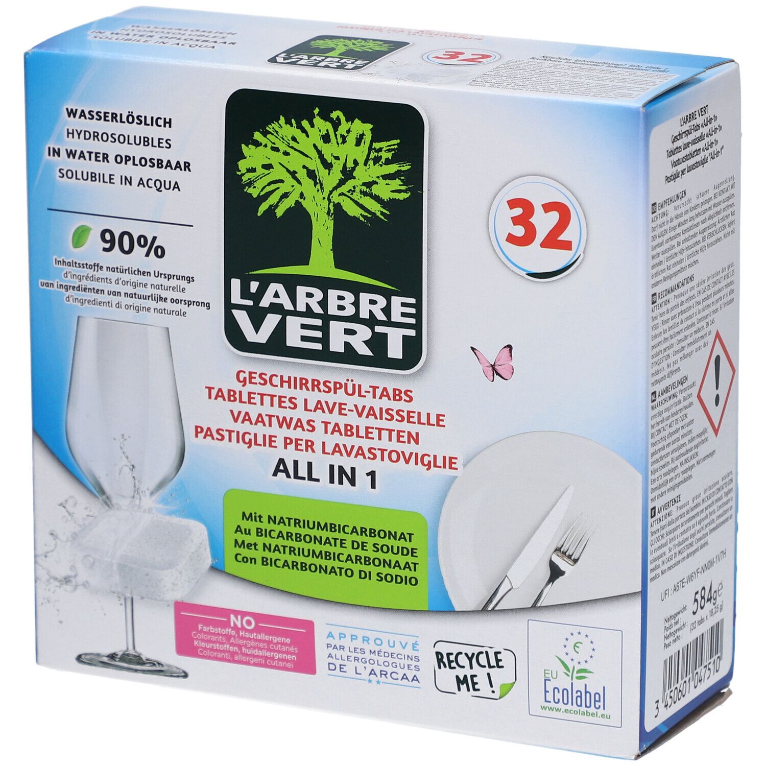 Doos met vaatwastabletten L'ARBRE VERT, 32 stuks. Glas, bord, bestek afgebeeld. Met natriumbicarbonaat.