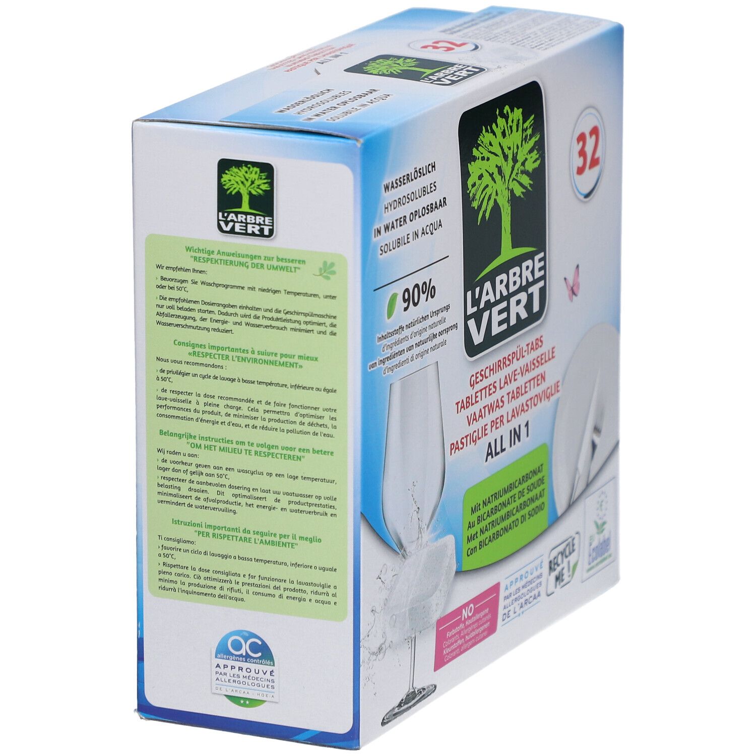 Doos L'ARBRE VERT vaatwastabletten. 32 stuks. Opschriften: 90%, oplosbaar in water, EU Ecolabel. Zijaanzicht.