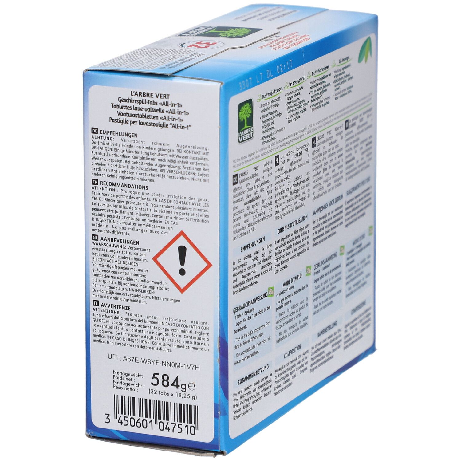 Achterkant van de verpakking. Waarschuwing, ingrediënten, gewicht 584g, 32 tabletten. L'ARBRE VERT vaatwastabletten.