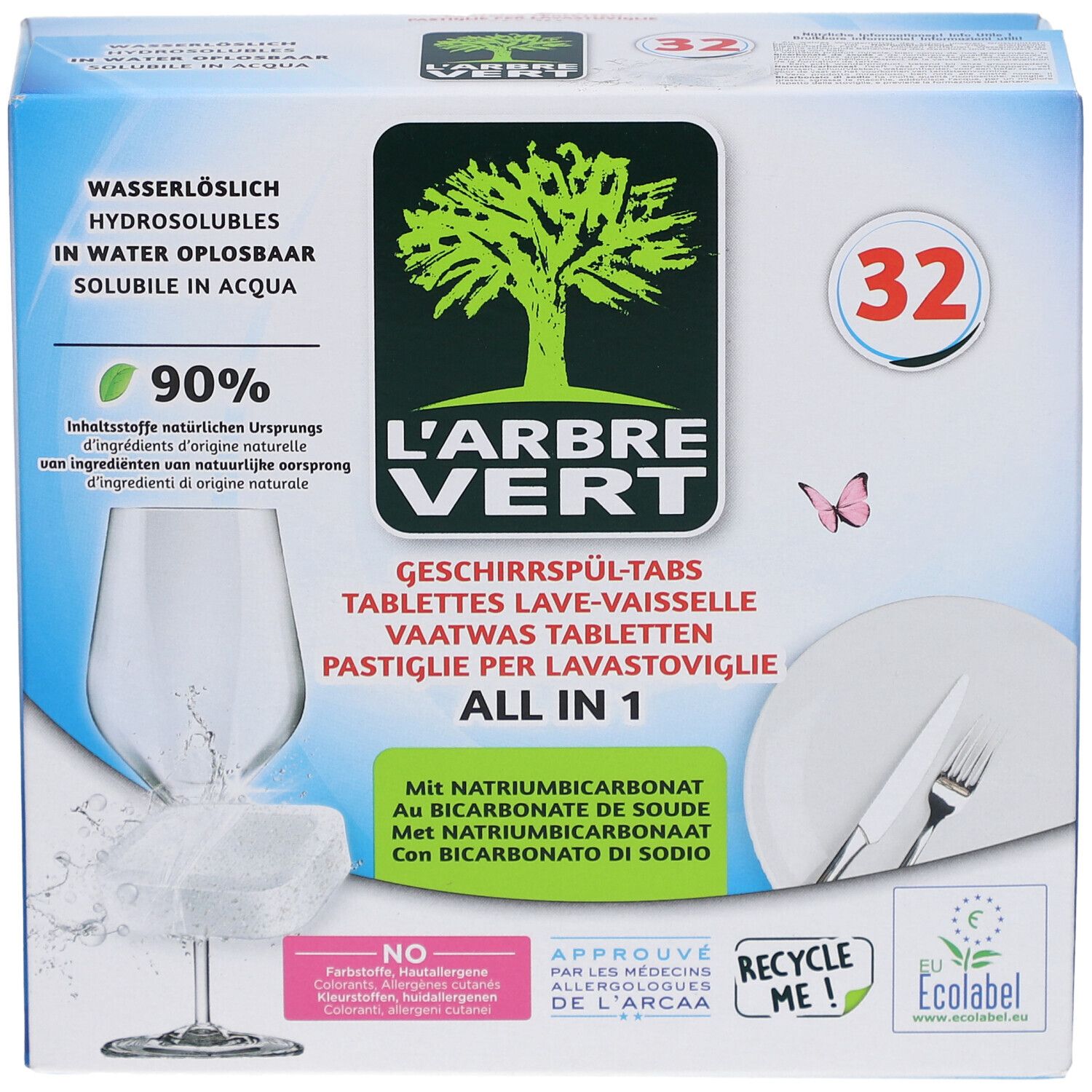 Doos met vaatwastabletten L'ARBRE VERT, 32 stuks. Glas, bord, bestek afgebeeld. Met natriumbicarbonaat.