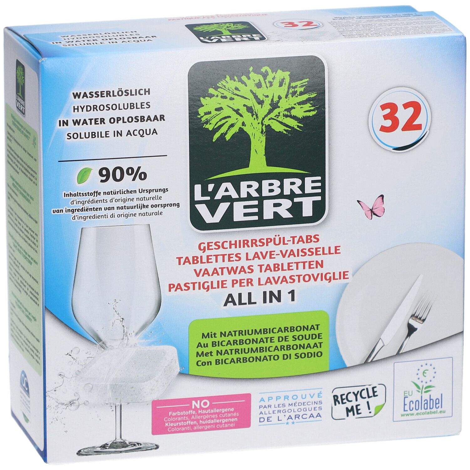Doos met vaatwastabletten L'ARBRE VERT, 32 stuks. Glas, bord, bestek afgebeeld. Met natriumbicarbonaat.
