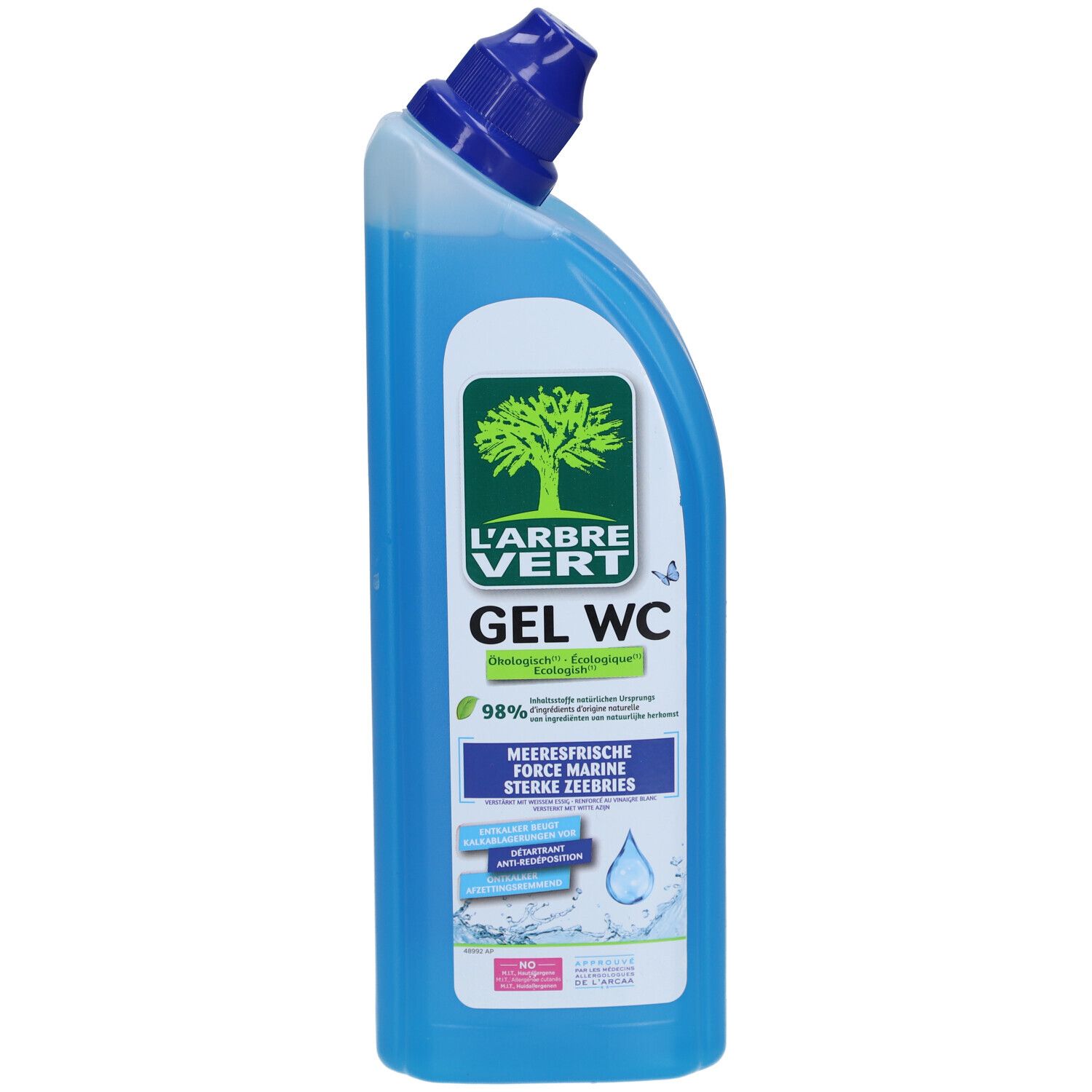 Flacon de gel WC bleu avec bouchon bleu. Logo arbre. Texte: GEL WC, fraîcheur marine, écologique. Certification.