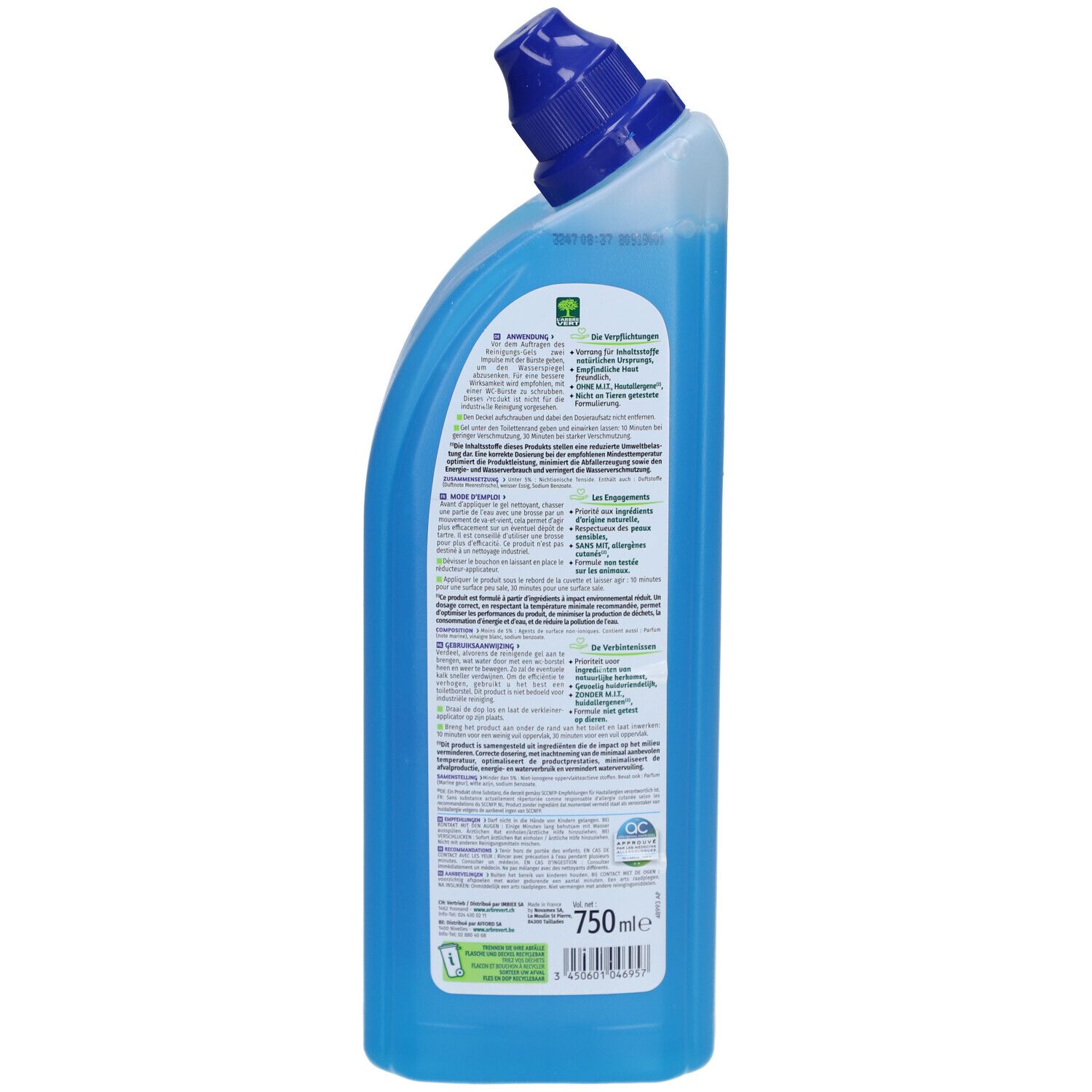 Dos du flacon de gel WC bleu. Texte et logos. Certifications et informations sur le produit.