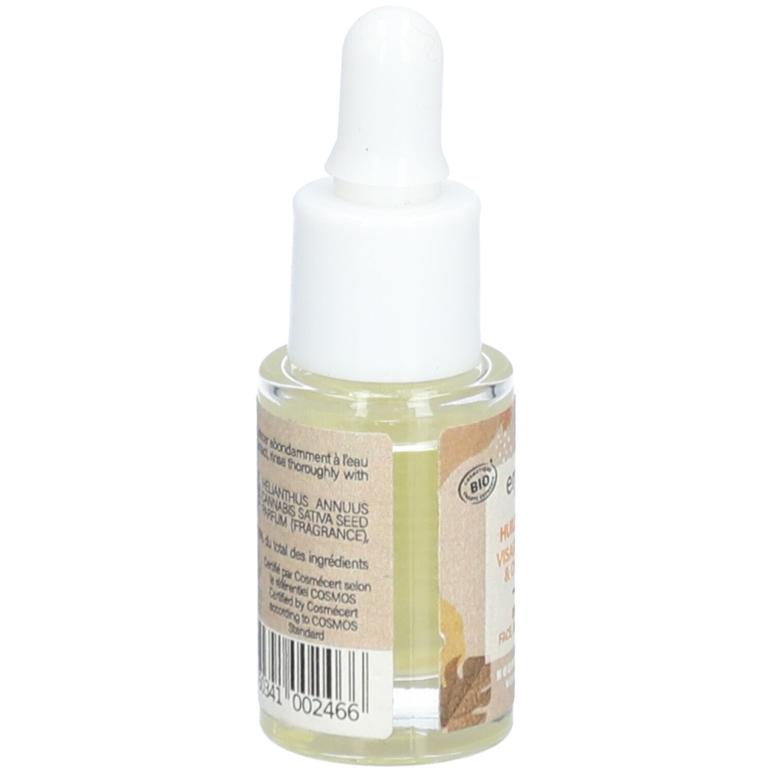 Vue arrière de la bouteille en verre avec pipette. Étiquette avec ingrédients et label bio. Texte: Huile Seche, Visage, Corps & Cheveux.
