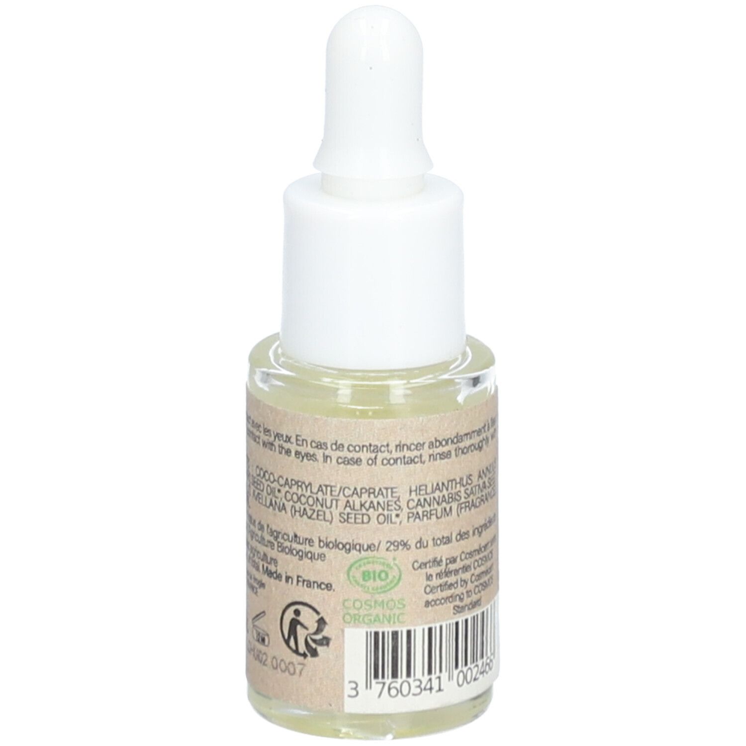 Vue arrière de la bouteille en verre avec pipette. Étiquette avec ingrédients, label bio et certification COSMOS ORGANIC.