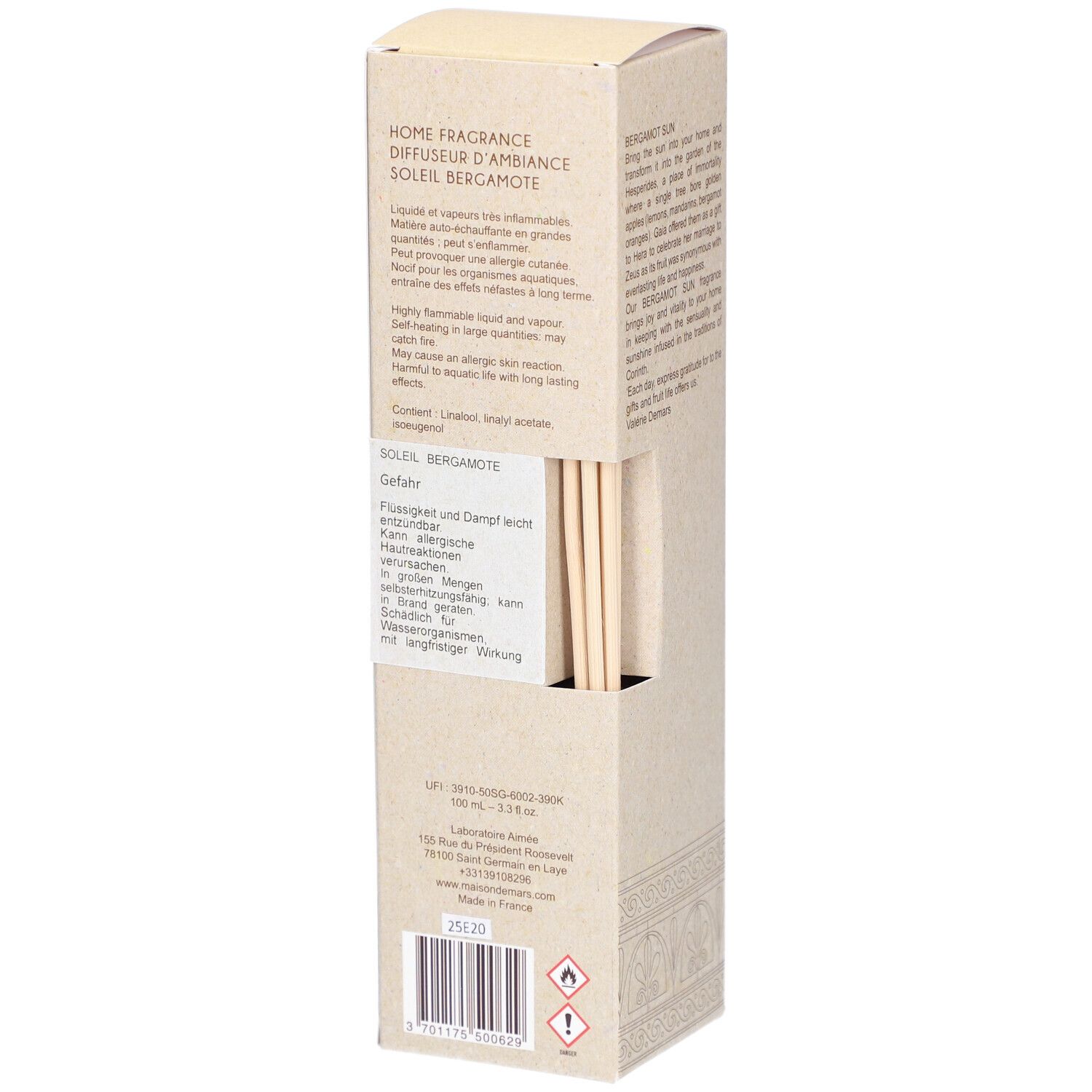 Verpakking Soleil Bergamote met stokjes. Merk Aimée de Mars. Beige, waarschuwingen.