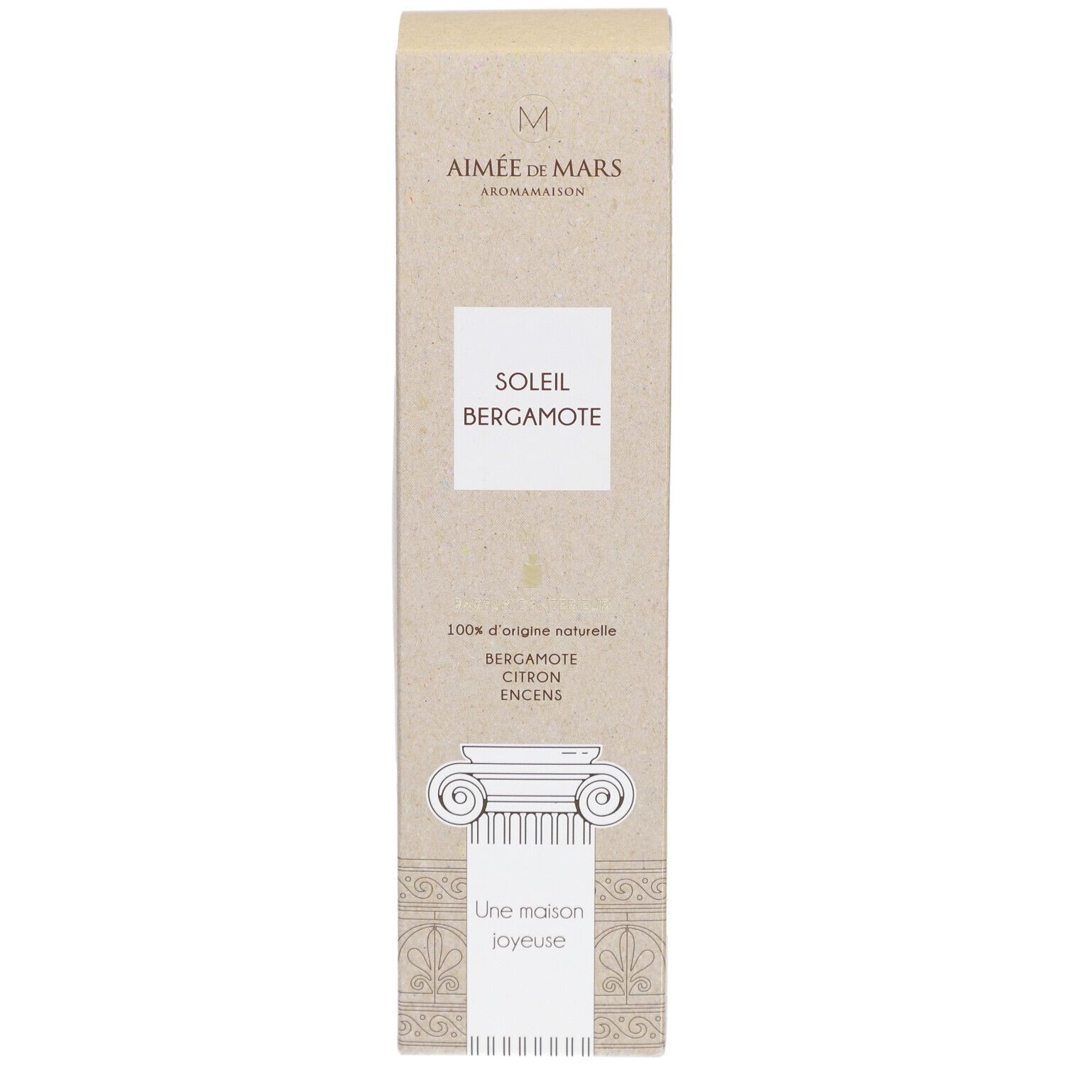 Verpakking Soleil Bergamote. Merk Aimée de Mars. Beige, illustratie van zuilen.