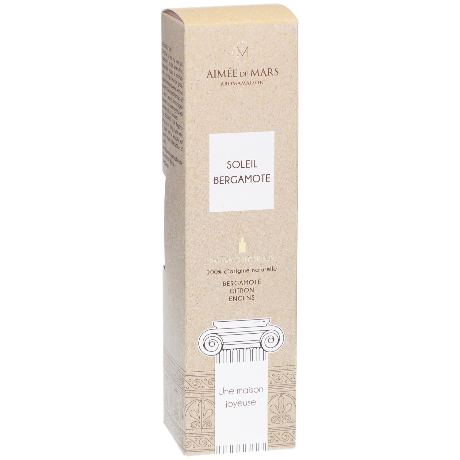 Verpakking Soleil Bergamote. Merk Aimée de Mars. Beige, illustratie van zuilen.