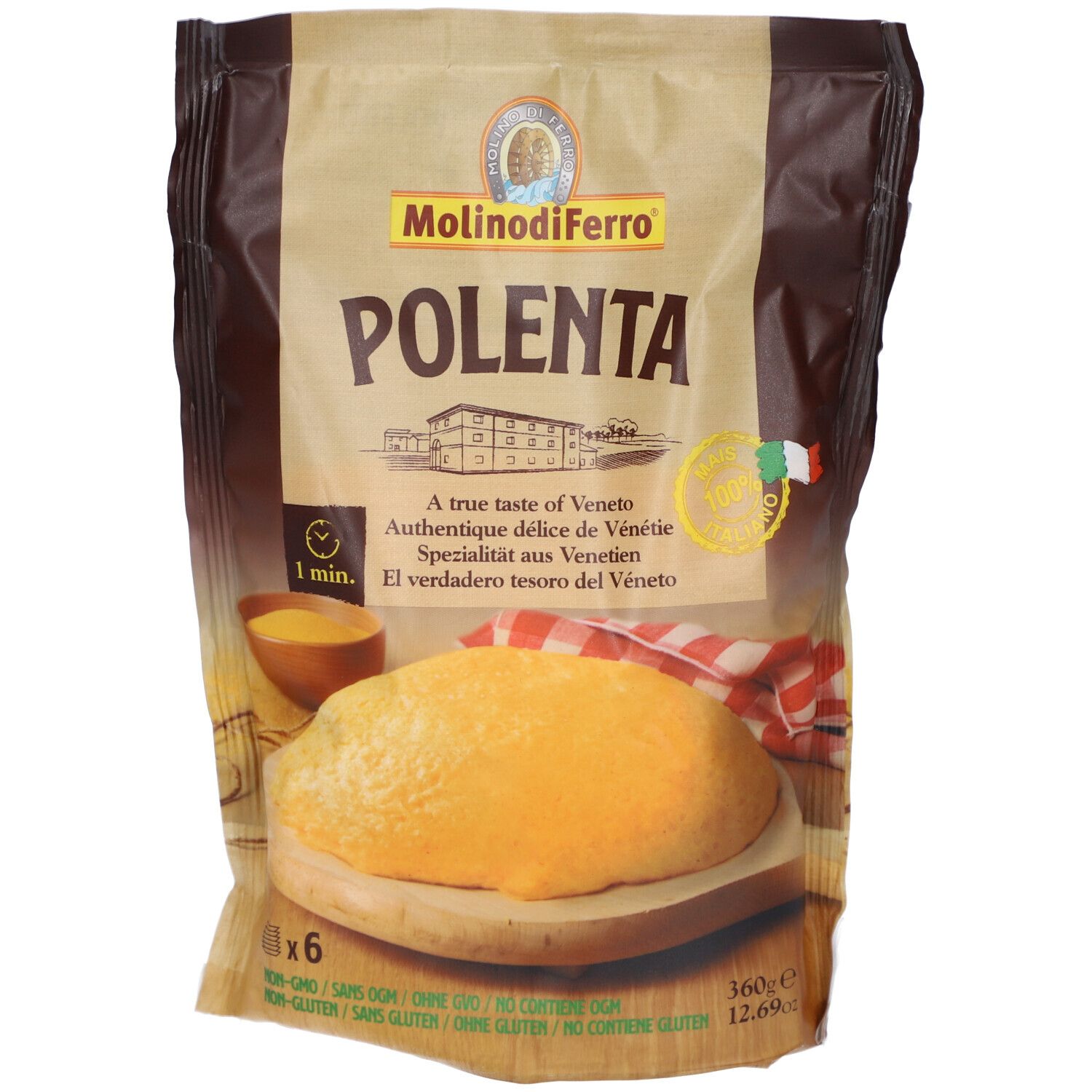 Paquet de polenta. Couleurs marron et beige. Texte : Polenta, MolinodiFerro, sans gluten. Image : plat de polenta.