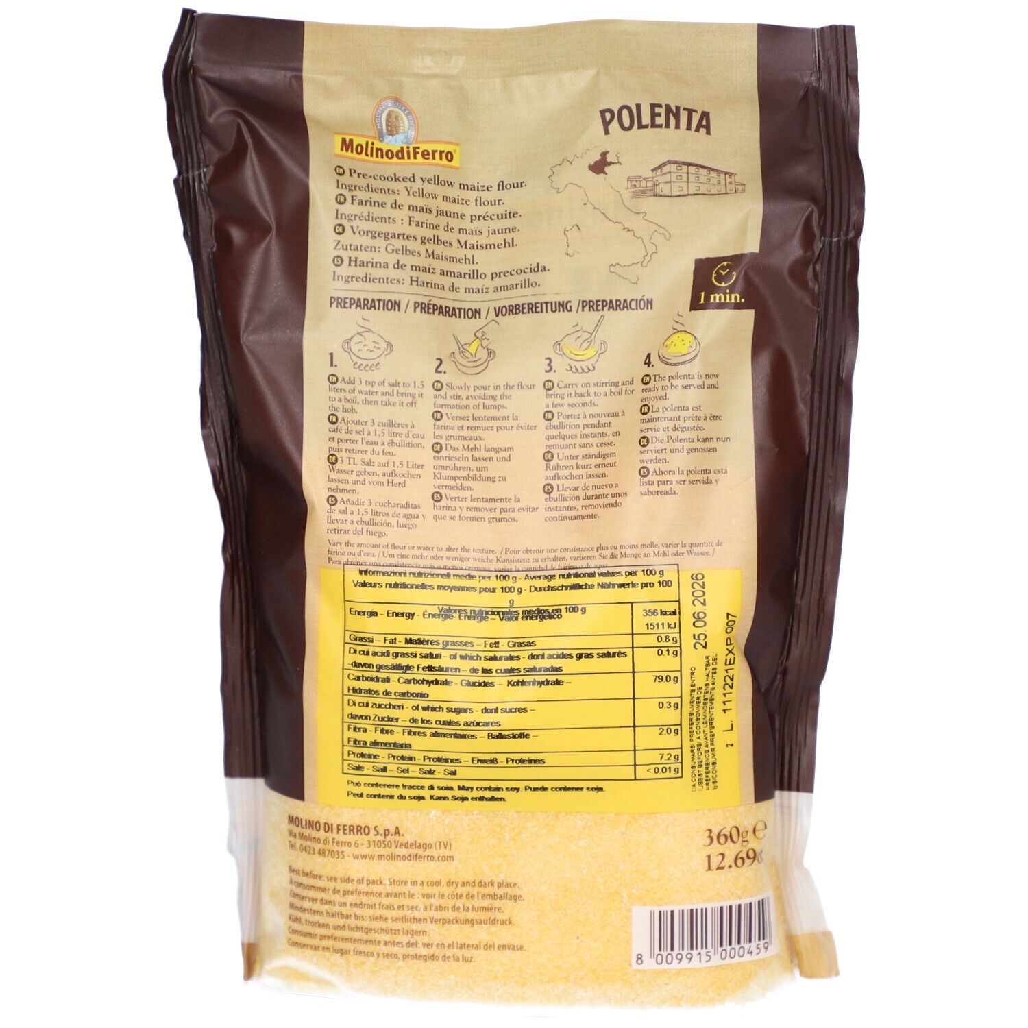 Dos du paquet de polenta. Texte : Préparation, informations nutritionnelles, MolinodiFerro. Contient des informations en plusieurs langues.