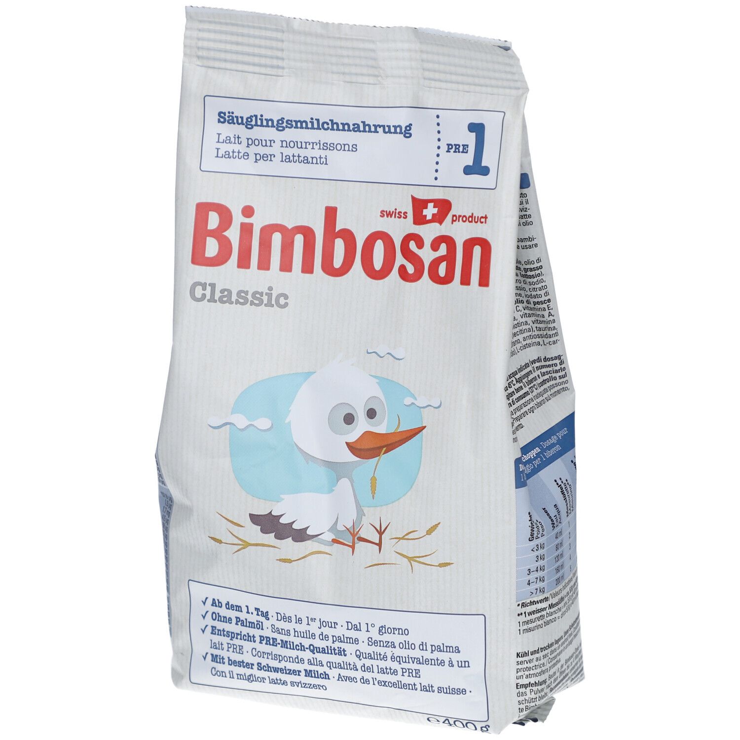 Witte verpakking met productnaam Bimbosan Classic. Illustratie van een ooievaar. Tekst: PRE-melk, zonder palmolie, DHA.