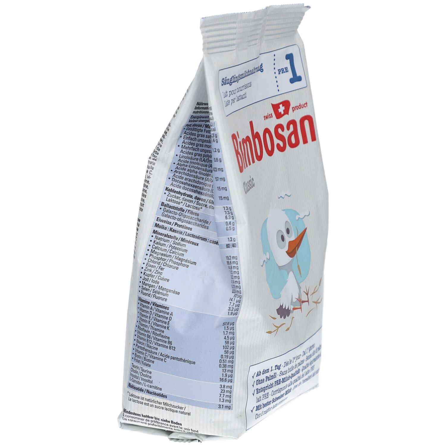 Verpakking Bimbosan Classic, zijaanzicht. Bevat voedingswaarde-informatie en productinformatie. Ooievaar illustratie.