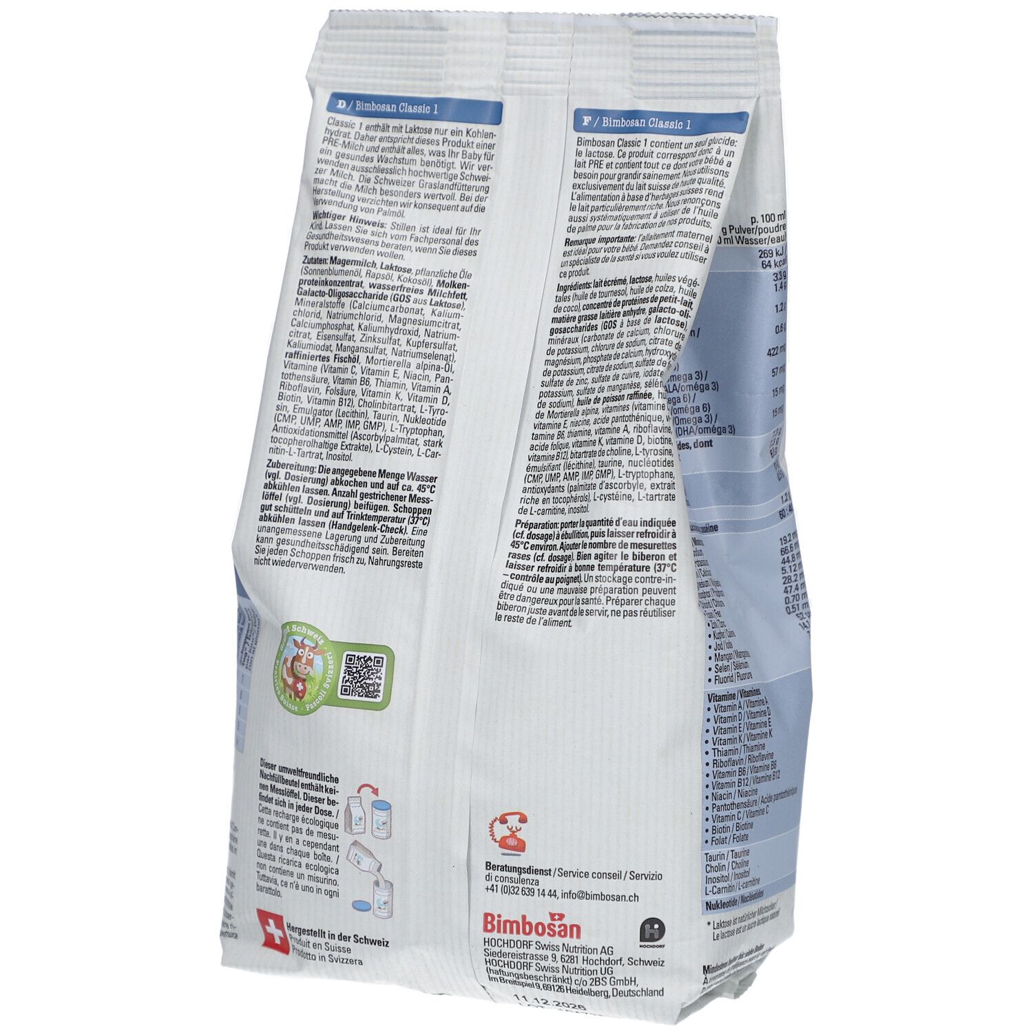 Achterkant van de Bimbosan Classic verpakking. Tekstinformatie in meerdere talen. Illustraties van flessen en telefoon.