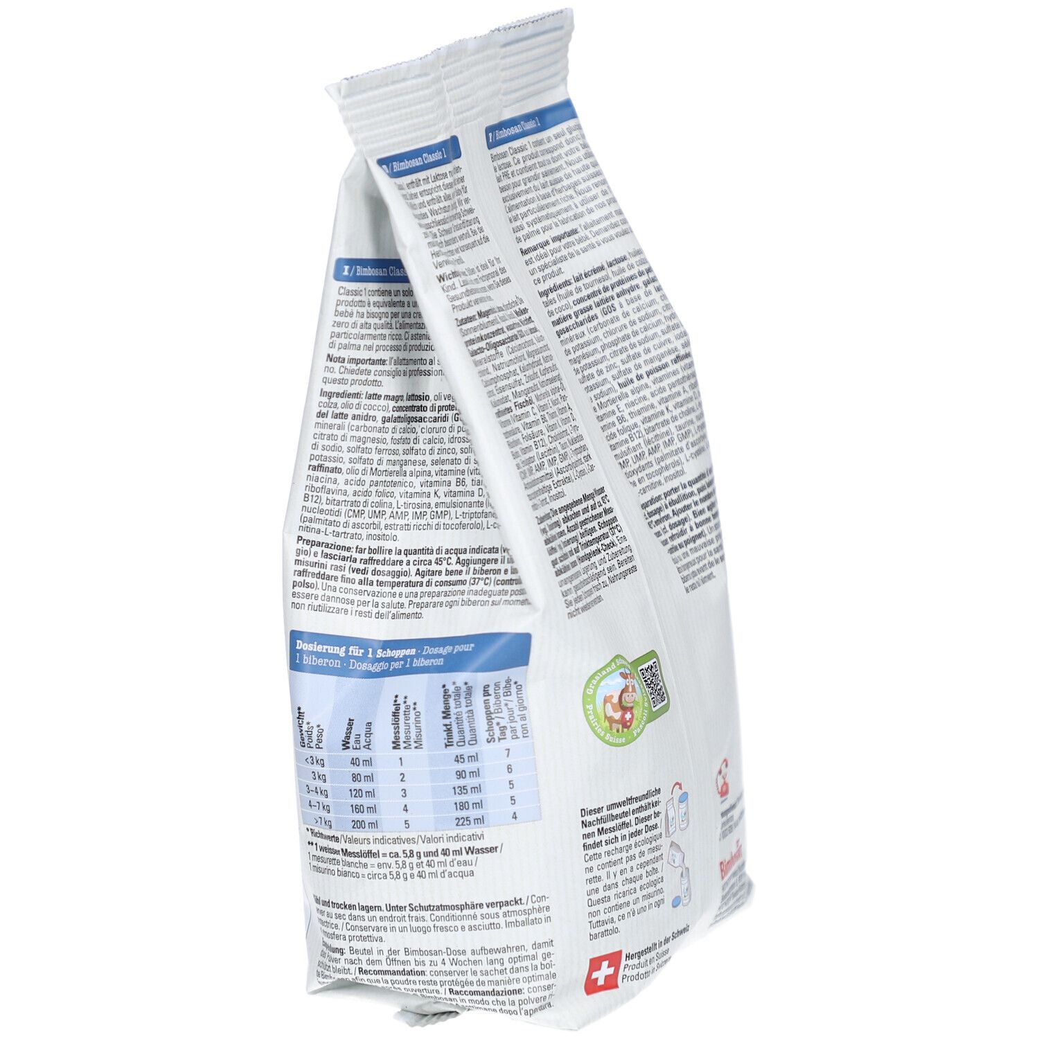 Zijaanzicht van de Bimbosan Classic verpakking. Tekstinformatie en bereidingsinstructies. Zwitsers kruis.