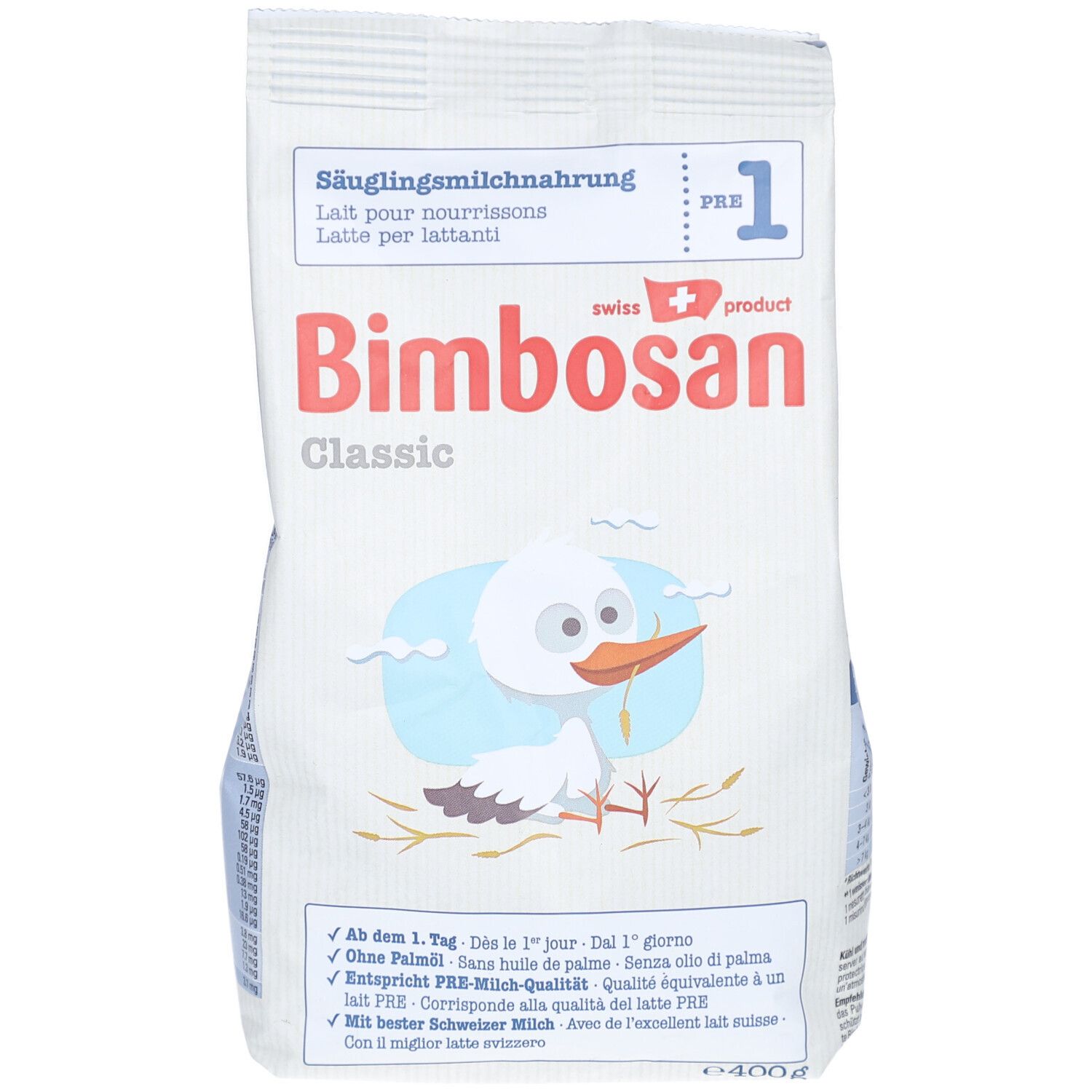 Witte verpakking met productnaam Bimbosan Classic. Illustratie van een ooievaar. Tekst: PRE-melk, zonder palmolie, DHA.