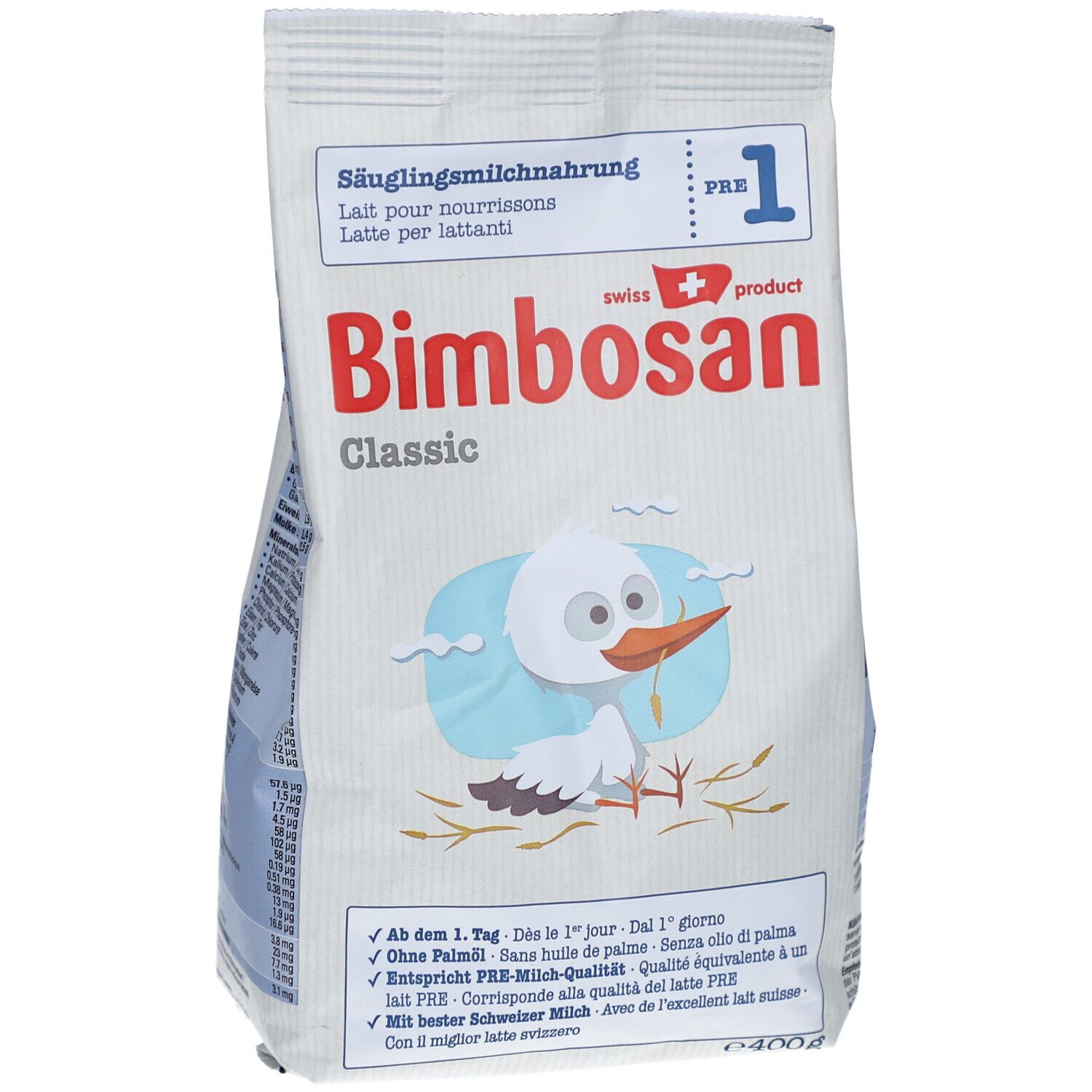 Witte verpakking met productnaam Bimbosan Classic. Illustratie van een ooievaar. Tekst: PRE-melk, zonder palmolie, DHA.