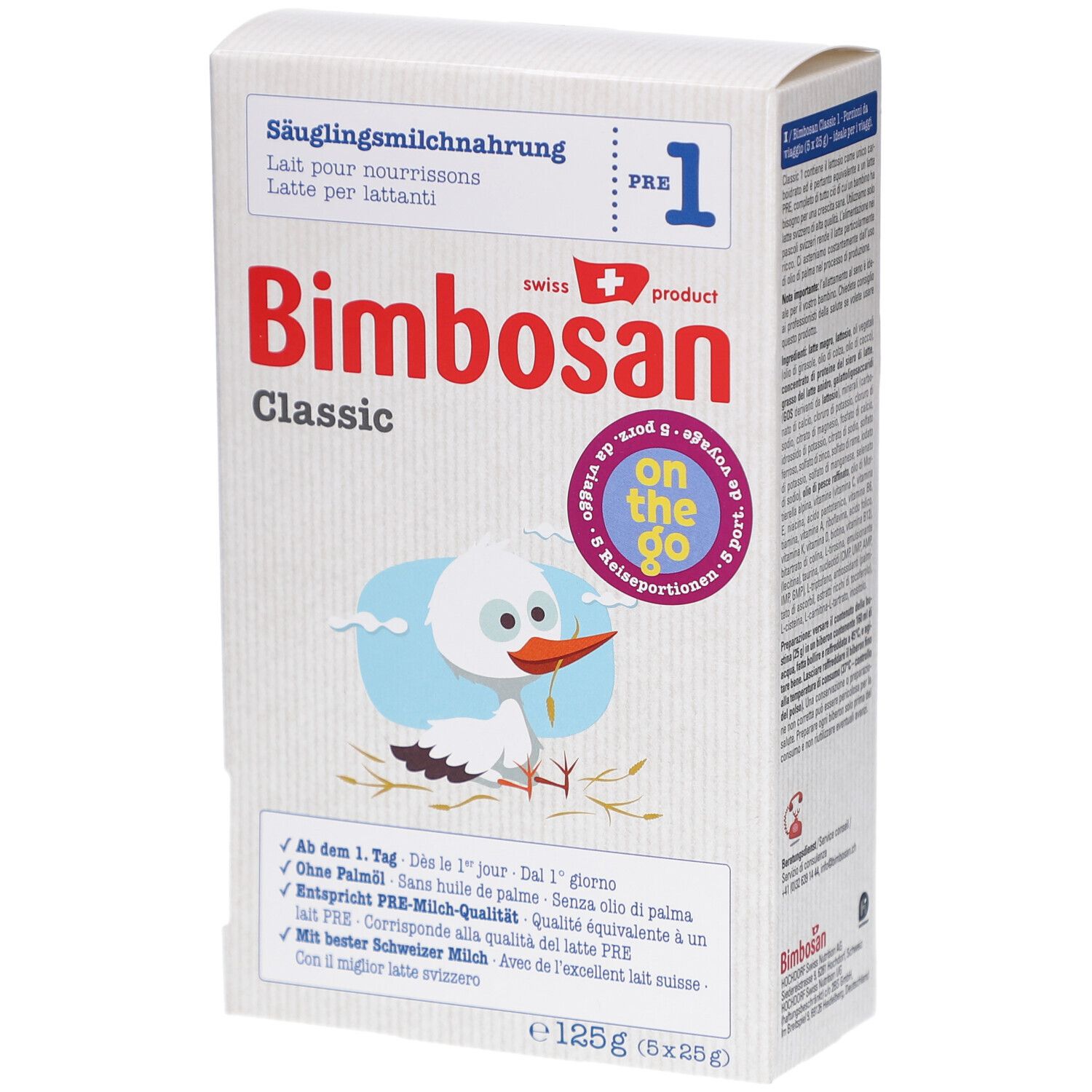 Boîte en carton blanche avec logo "Bimbosan Classic", "PRE 1" et illustration de cigogne. Contient 5 portions de voyage.