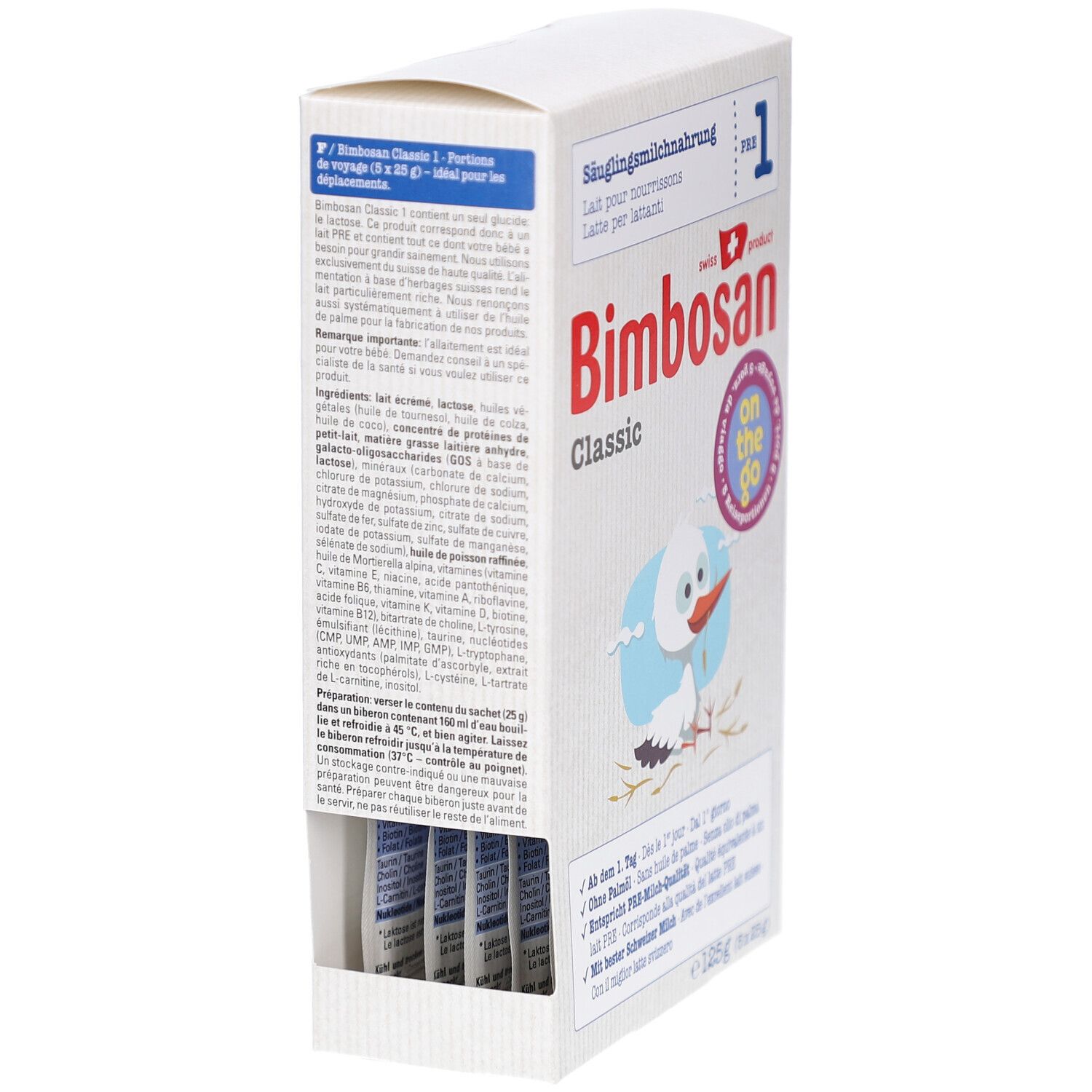 Boîte en carton ouverte avec logo "Bimbosan Classic" et "PRE 1". Montre des sachets individuels de lait infantile.