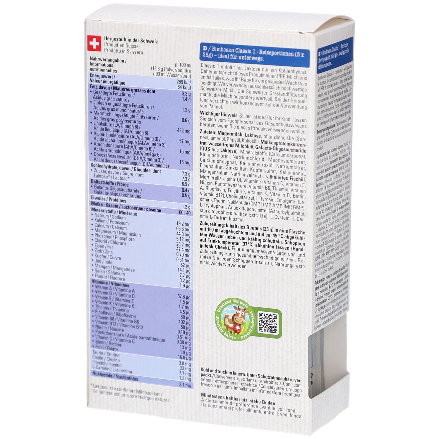 Dos de la boîte en carton avec informations nutritionnelles et liste des ingrédients. Contient "Bimbosan Classic" et "PRE 1".