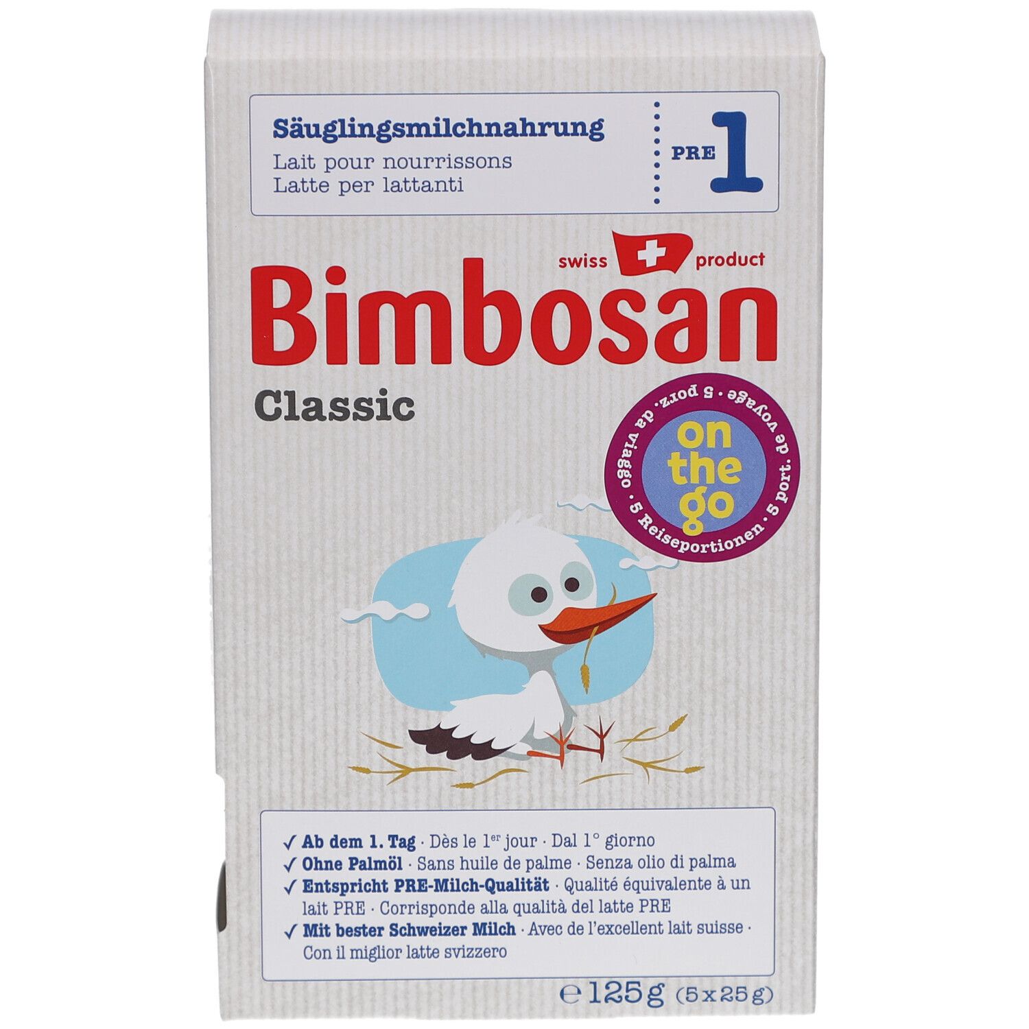 Boîte en carton blanche avec logo "Bimbosan Classic", "PRE 1" et illustration de cigogne. Contient 5 portions de voyage.