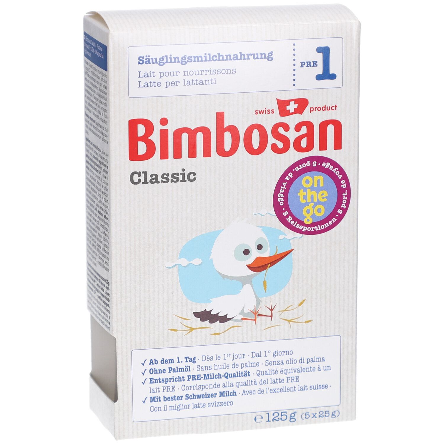 Boîte en carton blanche avec logo "Bimbosan Classic", "PRE 1" et illustration de cigogne. Contient 5 portions de voyage.
