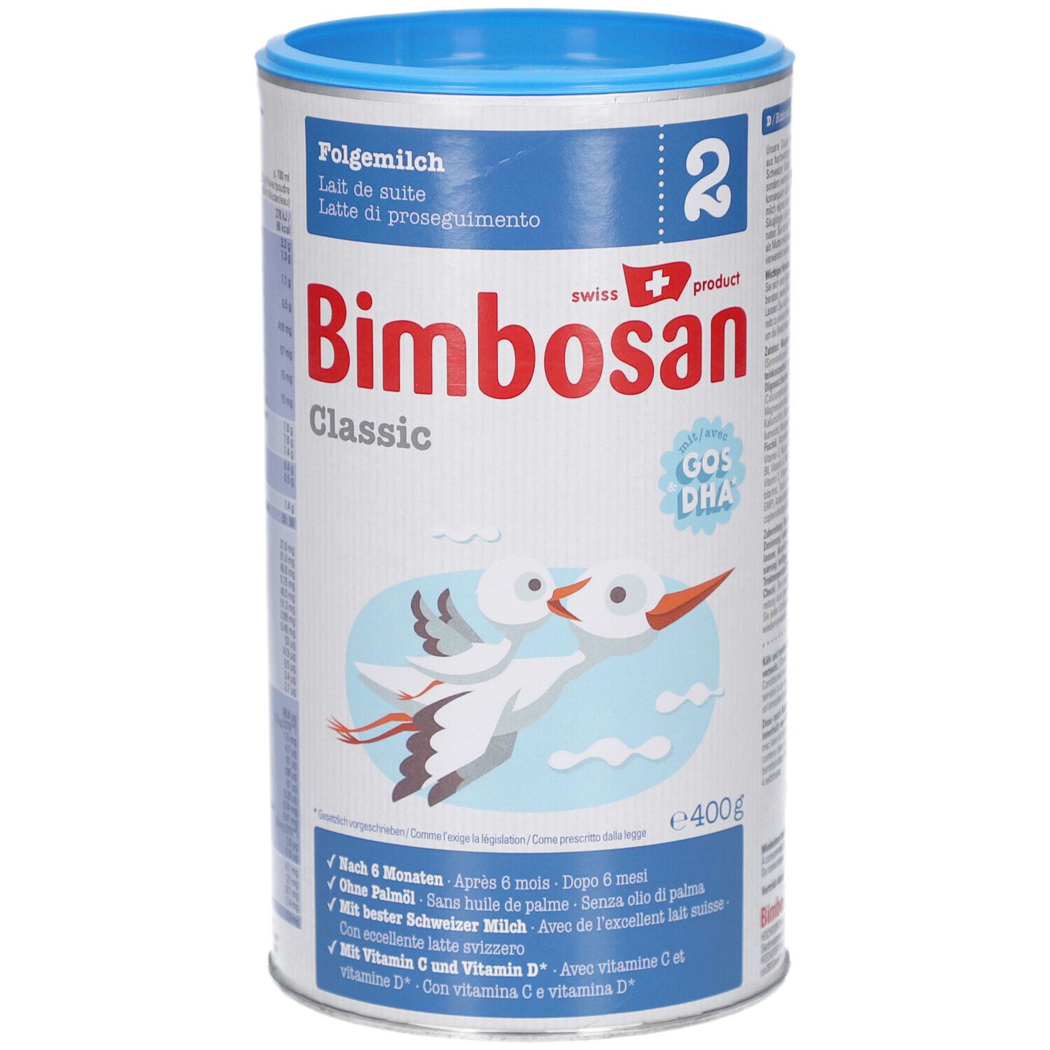 Blik opvolgmelk BimboSan Classic 2. Blauw-wit ontwerp. Bevat GOS DHA. 400g. Illustratie van ooievaars.