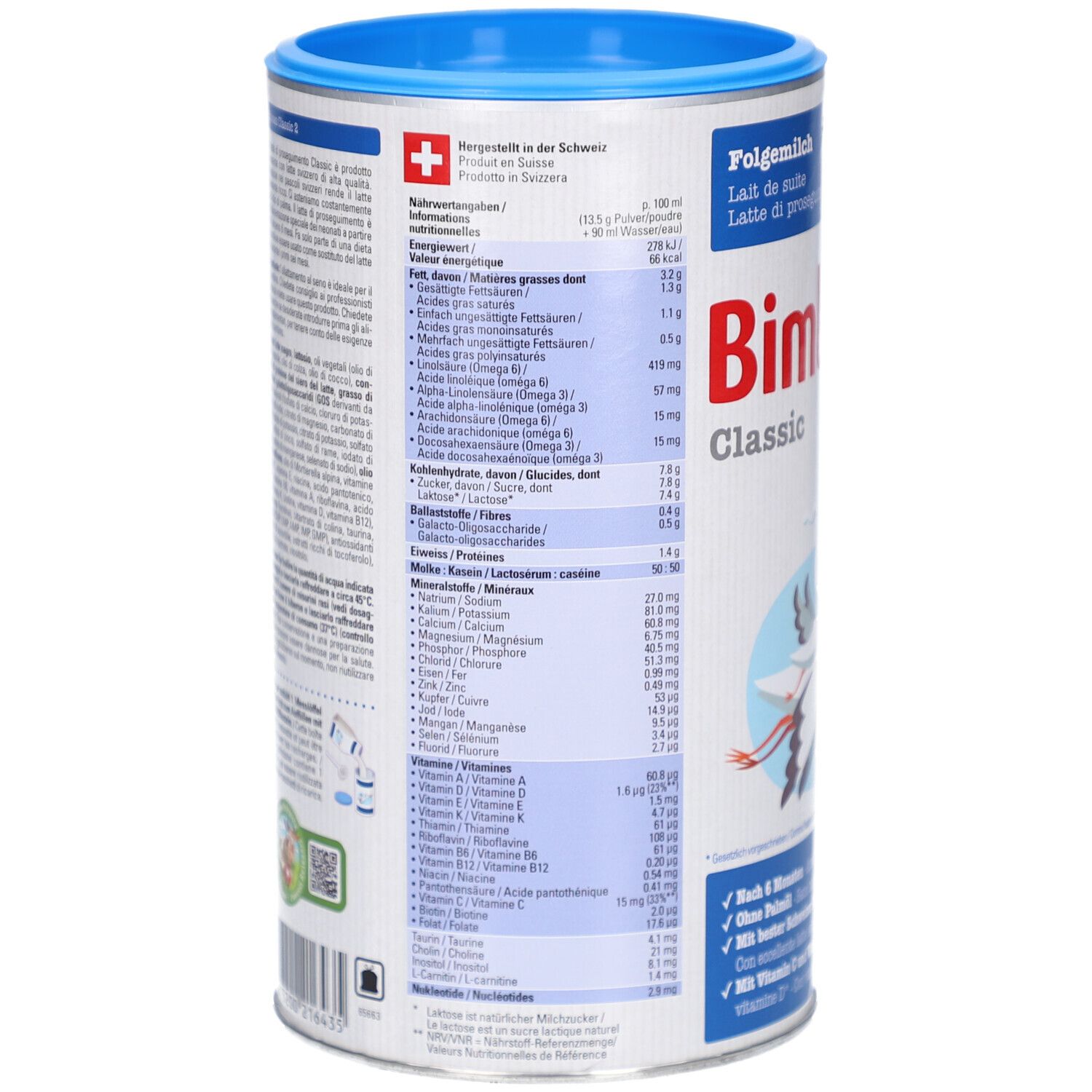 Blik opvolgmelk. Achterkant met voedingswaarde en ingrediënten. Merk BimboSan Classic 2. Blauw-wit ontwerp.