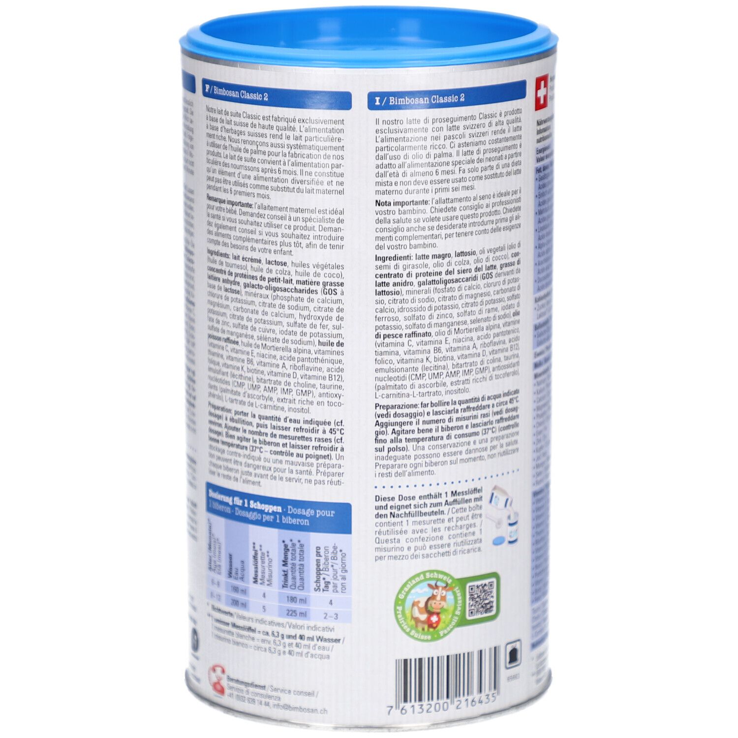 Blik opvolgmelk. Tekst in het Duits, Frans, Italiaans. Merk BimboSan Classic 2. Blauw-wit ontwerp. Zwitsers product.