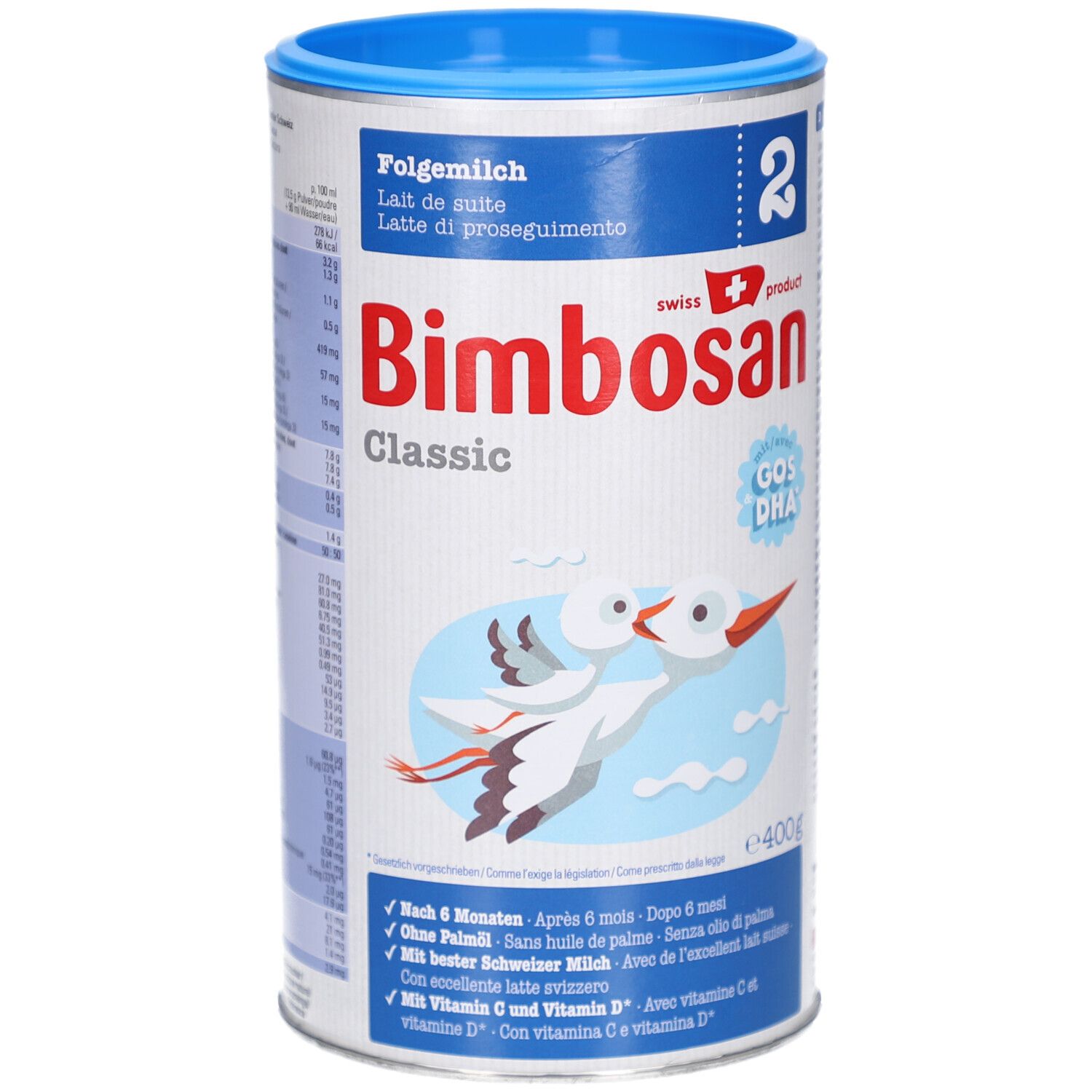 Blik opvolgmelk BimboSan Classic 2. Blauw-wit ontwerp. Bevat GOS DHA. 400g. Illustratie van ooievaars.
