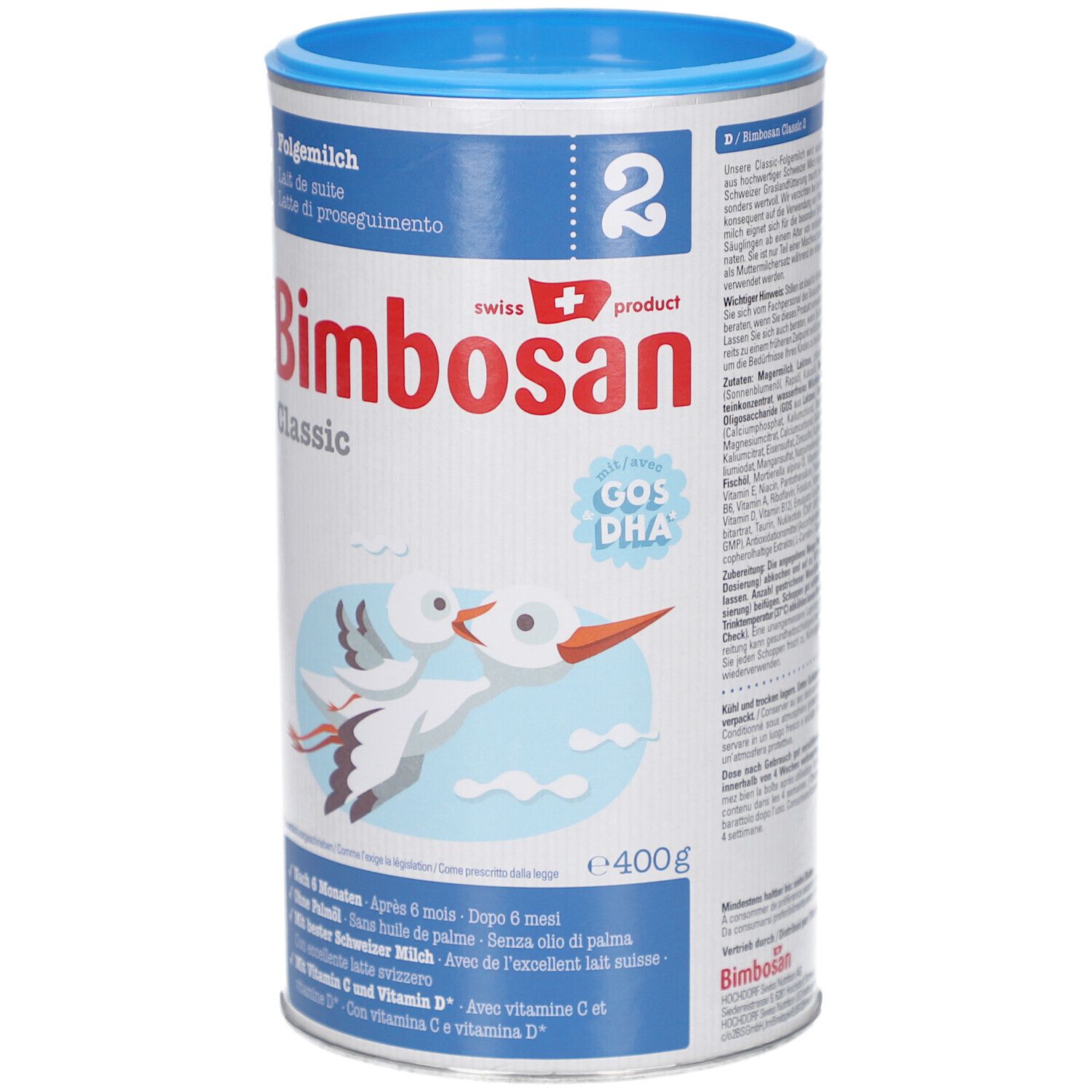 Blik opvolgmelk BimboSan Classic 2. Blauw-wit ontwerp. Bevat GOS DHA. 400g. Illustratie van ooievaars.