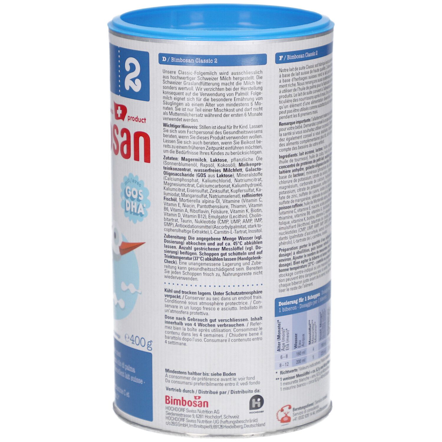 Blik opvolgmelk. Tekst in het Duits, Frans, Italiaans. Merk BimboSan Classic 2. Blauw-wit ontwerp. Zwitsers product.