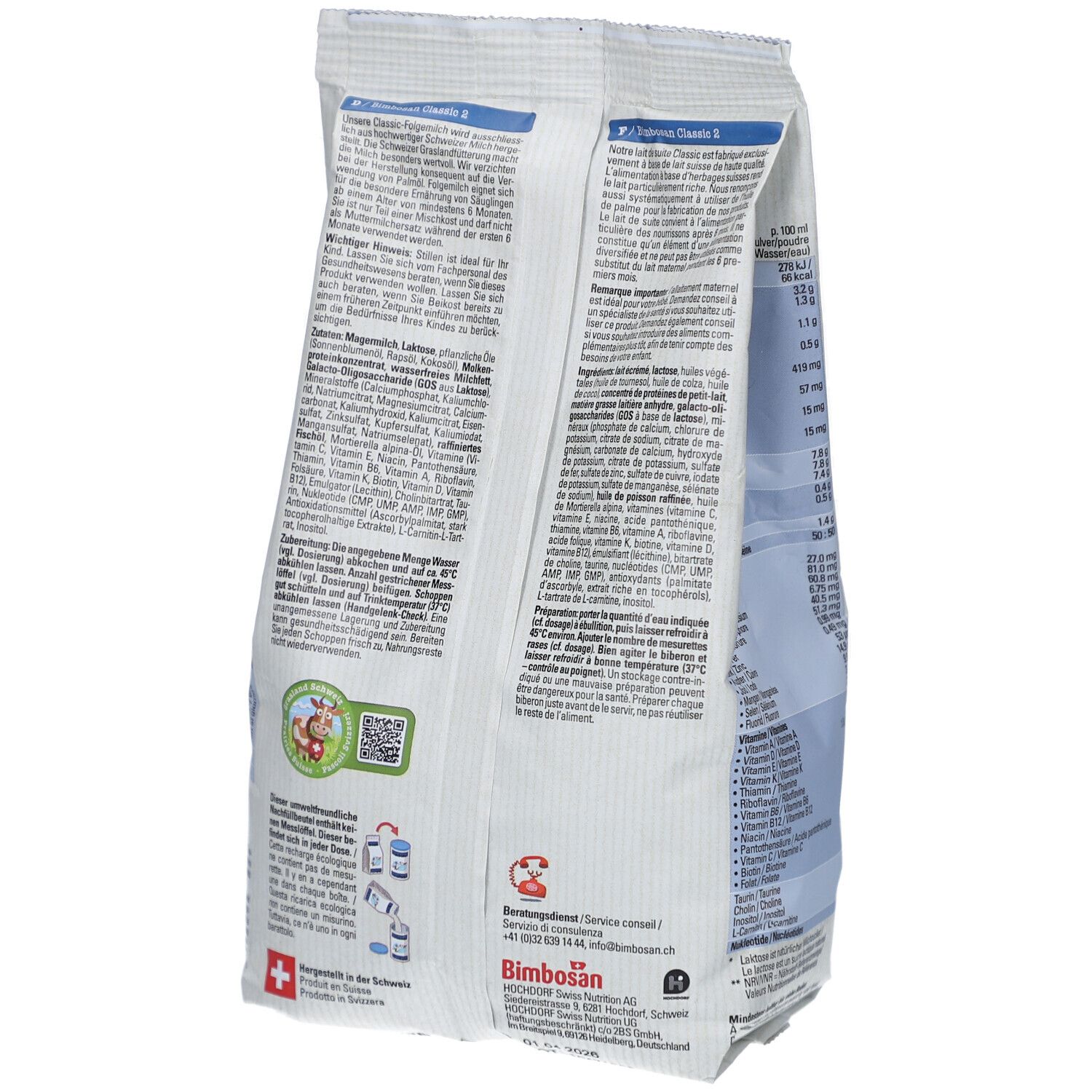 Achterkant van de Bimbosan Classic Folgemilch 2 zak. Tekst, ingrediënten, voedingswaarde, logo, contactgegevens.