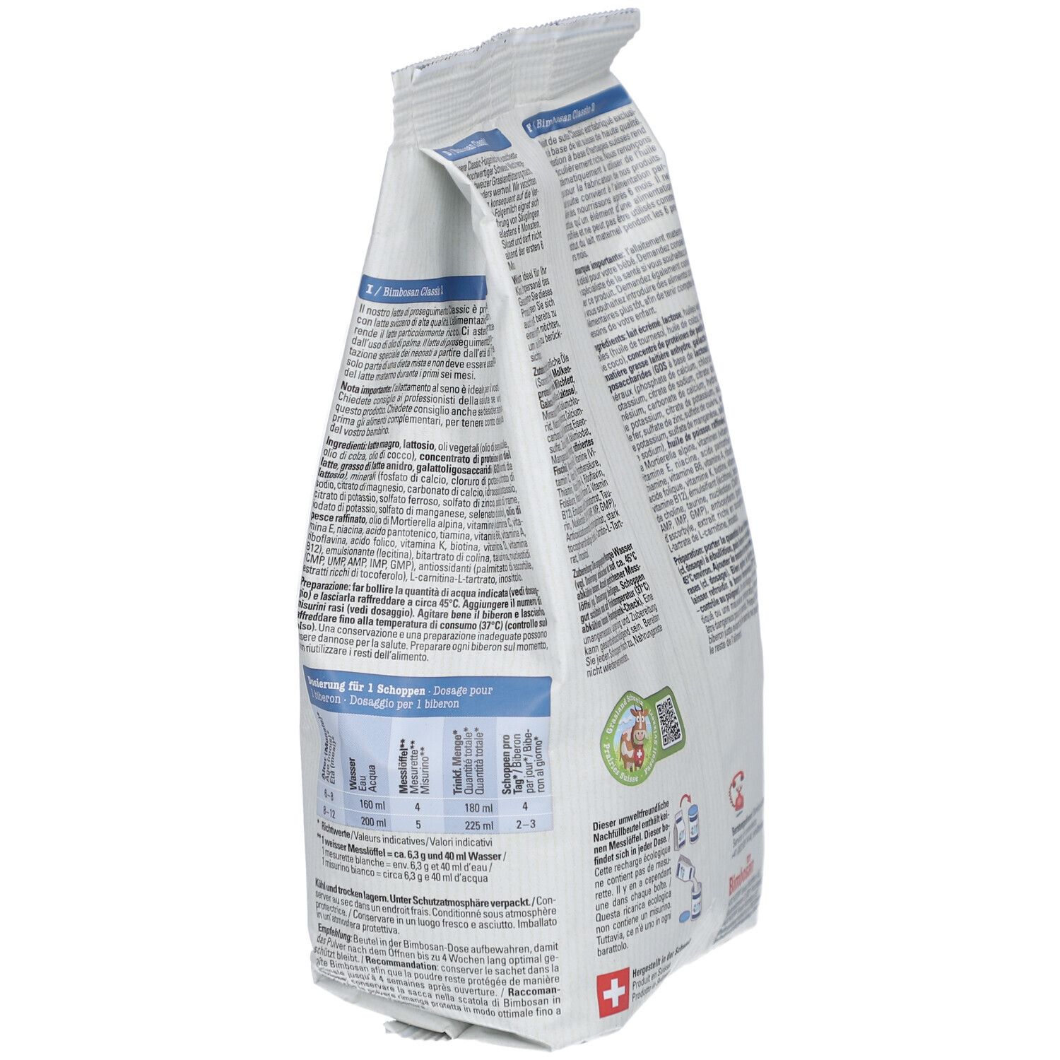 Bimbosan Classic Folgemilch 2 zak, zijaanzicht. Tekst, doseertabel, logo, contactgegevens.