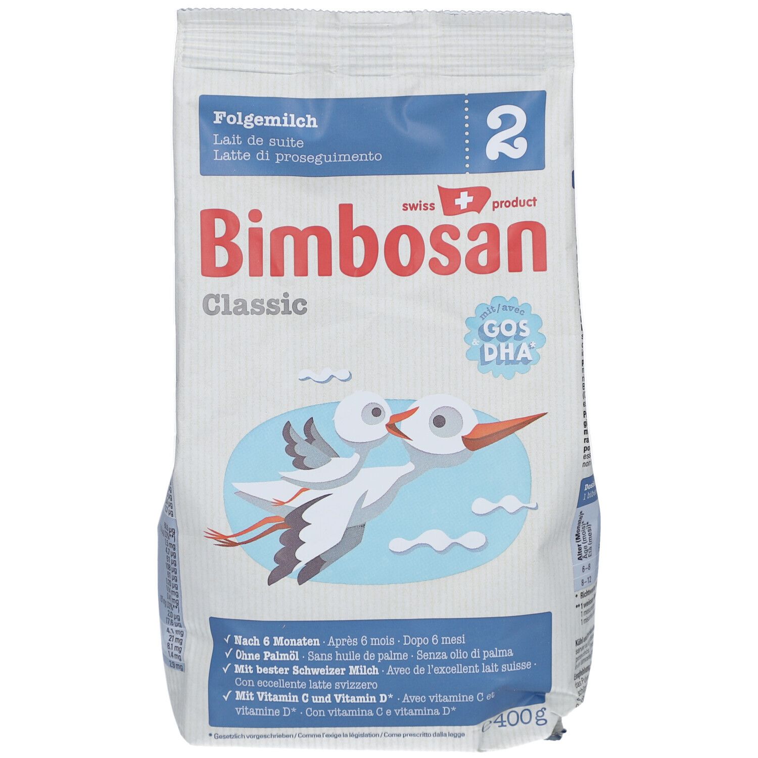 Bimbosan Classic Folgemilch 2 zak. Productnaam, logo, ooievaar illustratie, tekst. GOS DHA, Nieuw recept.